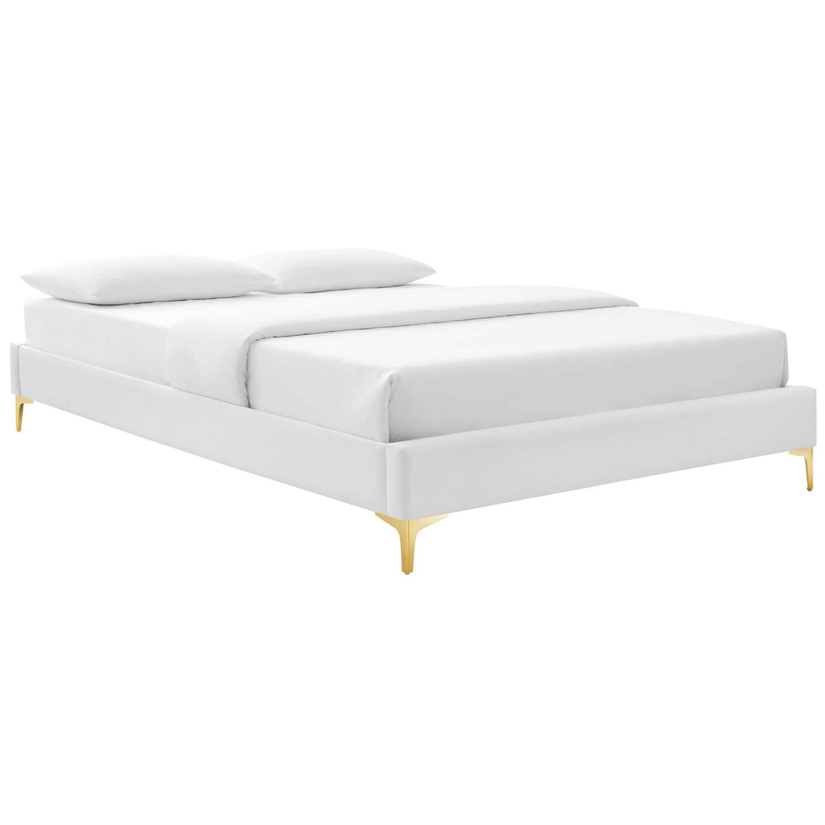 Low-profile white velvet bed frame with clean lines and gold metal legs || MOD-6275-WHI || front_angle_studio
