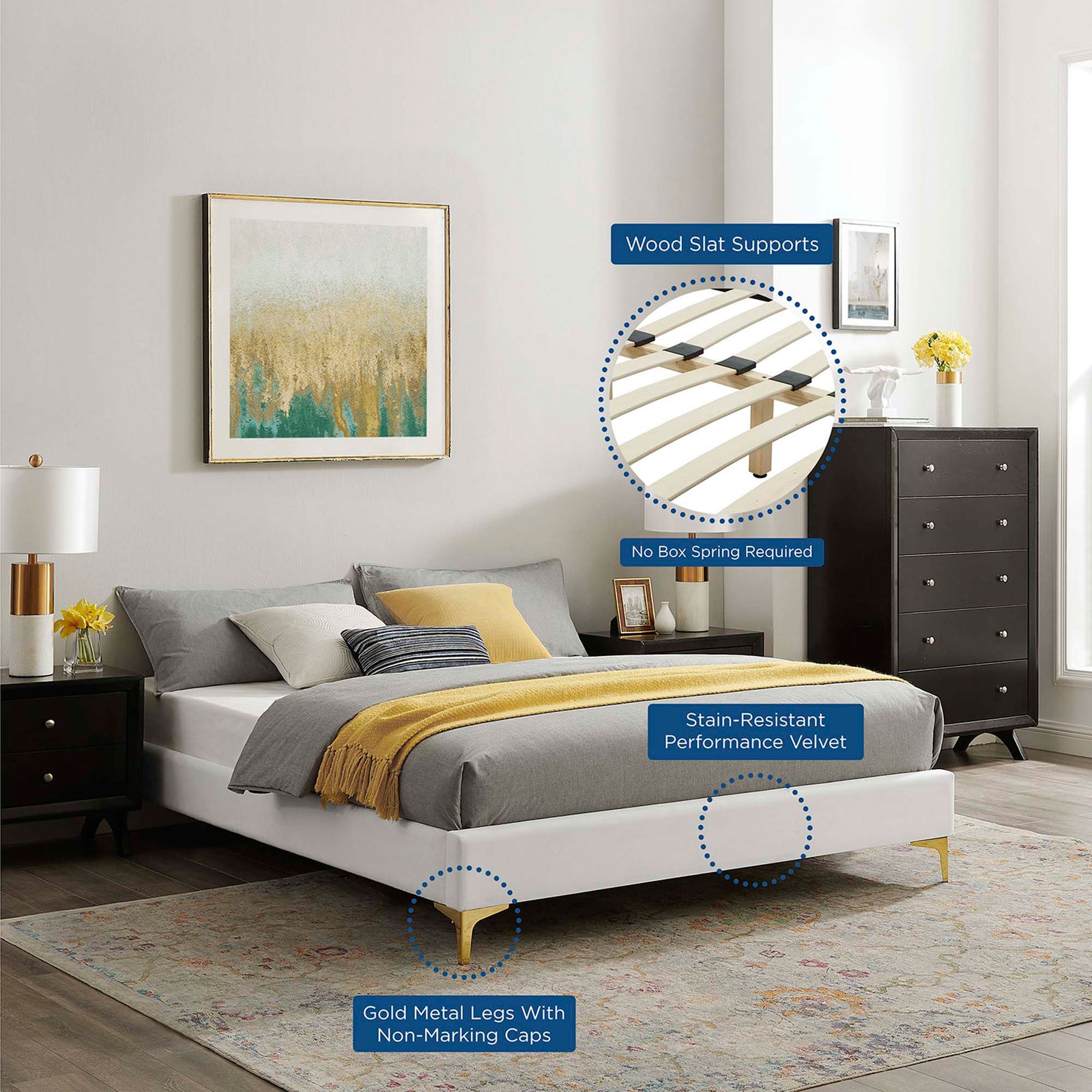 Key features: stain-resistant velvet, wood slats, and gold legs for modern style || MOD-6275-WHI || callout_room