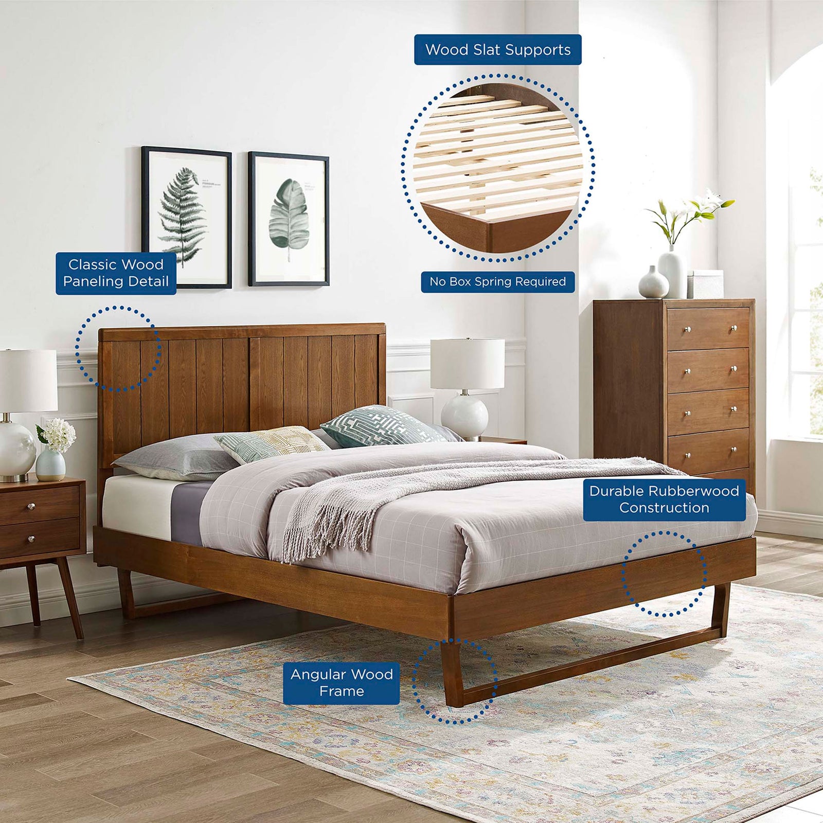 Feature highlights include wood slat supports, rubberwood build, and an angular base || MOD-6378-WAL || callout_room