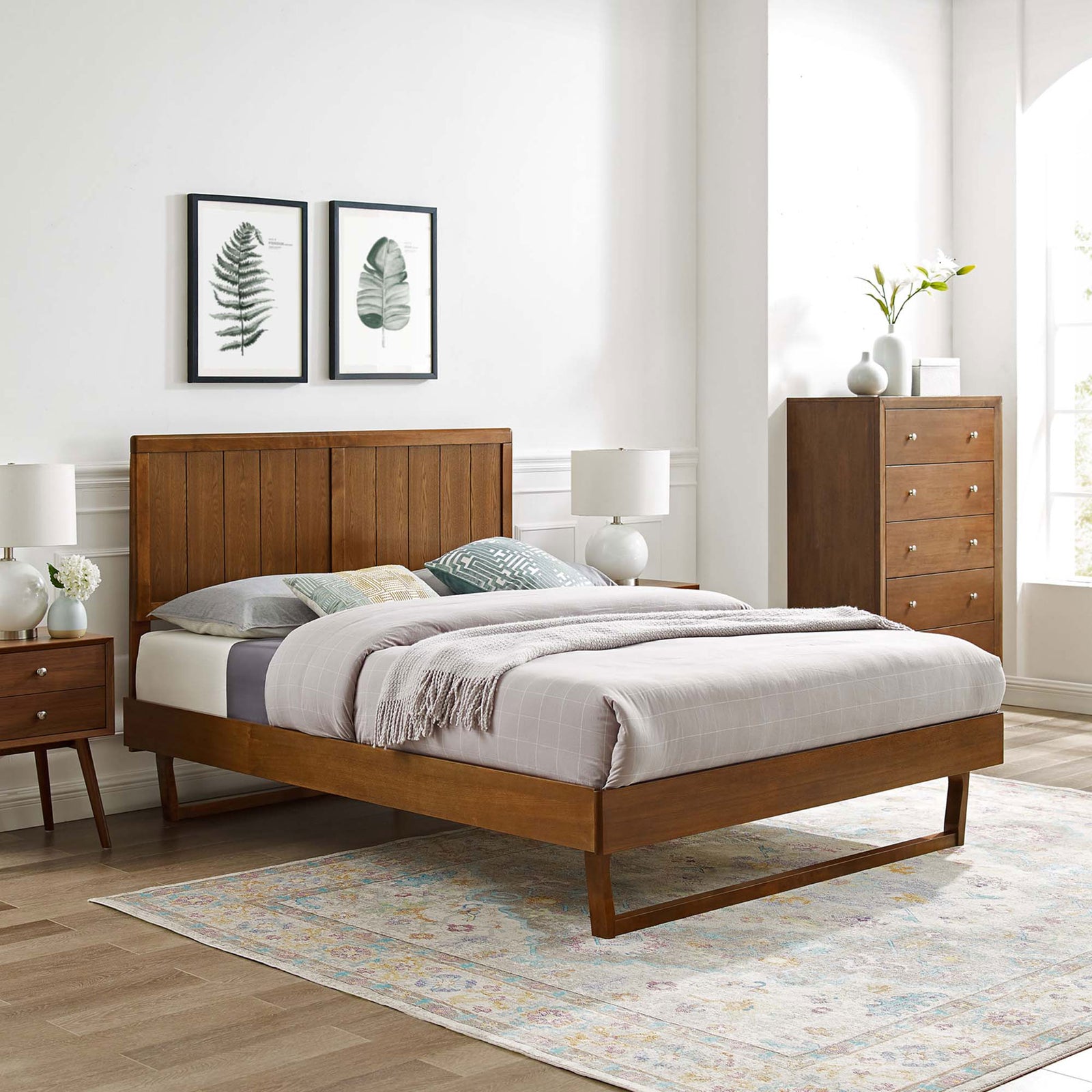 Clean lines and a walnut finish anchor the bedroom with timeless mid-century style || MOD-6378-WAL || front_angle_room