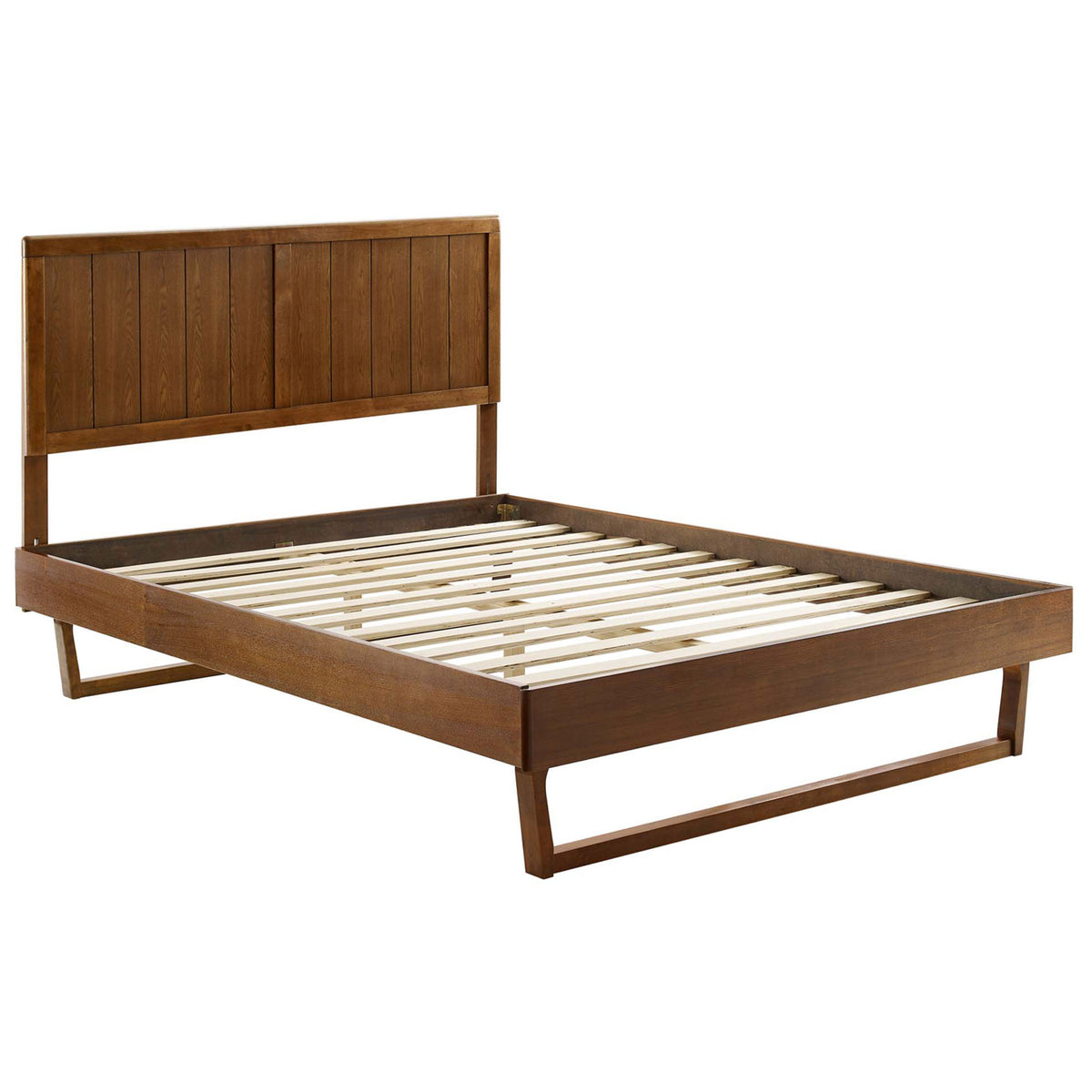 Integrated wood slat support eliminates the need for a box spring on this walnut platform bed || MOD-6378-WAL || front_angle_studio