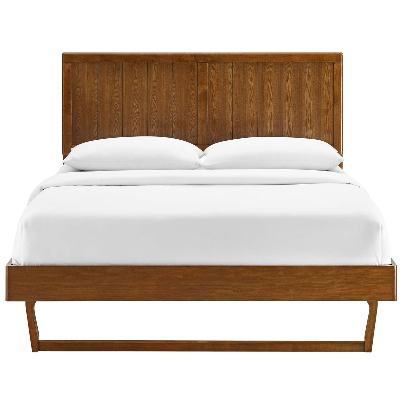 Sleek walnut platform bed with vertical panel headboard and sculpted sled legs || MOD-6378-WAL || front_studio