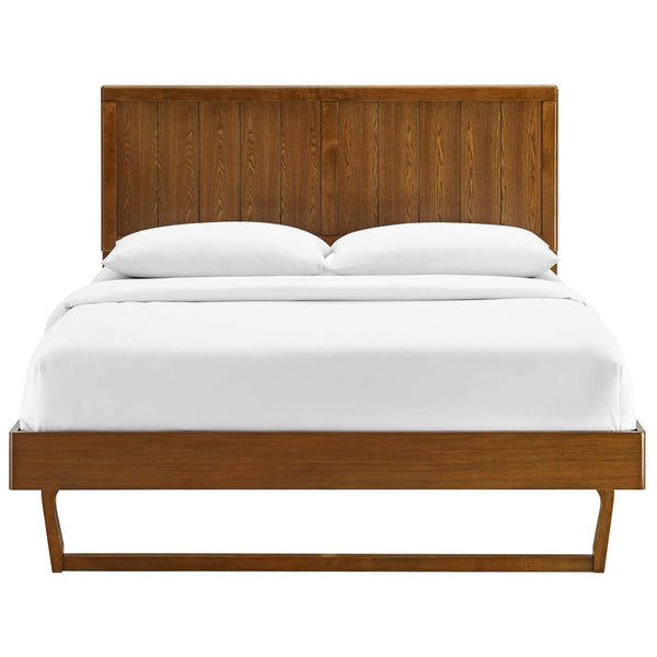 Sleek walnut platform bed with vertical panel headboard and sculpted sled legs || MOD-6378-WAL || front_studio