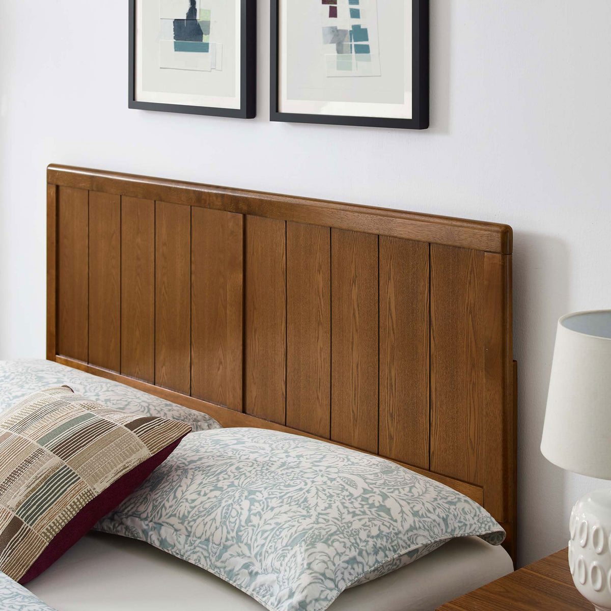 Paneled walnut headboard frames plush bedding for a cozy, tailored look. || MOD-6379-WAL || detail_room