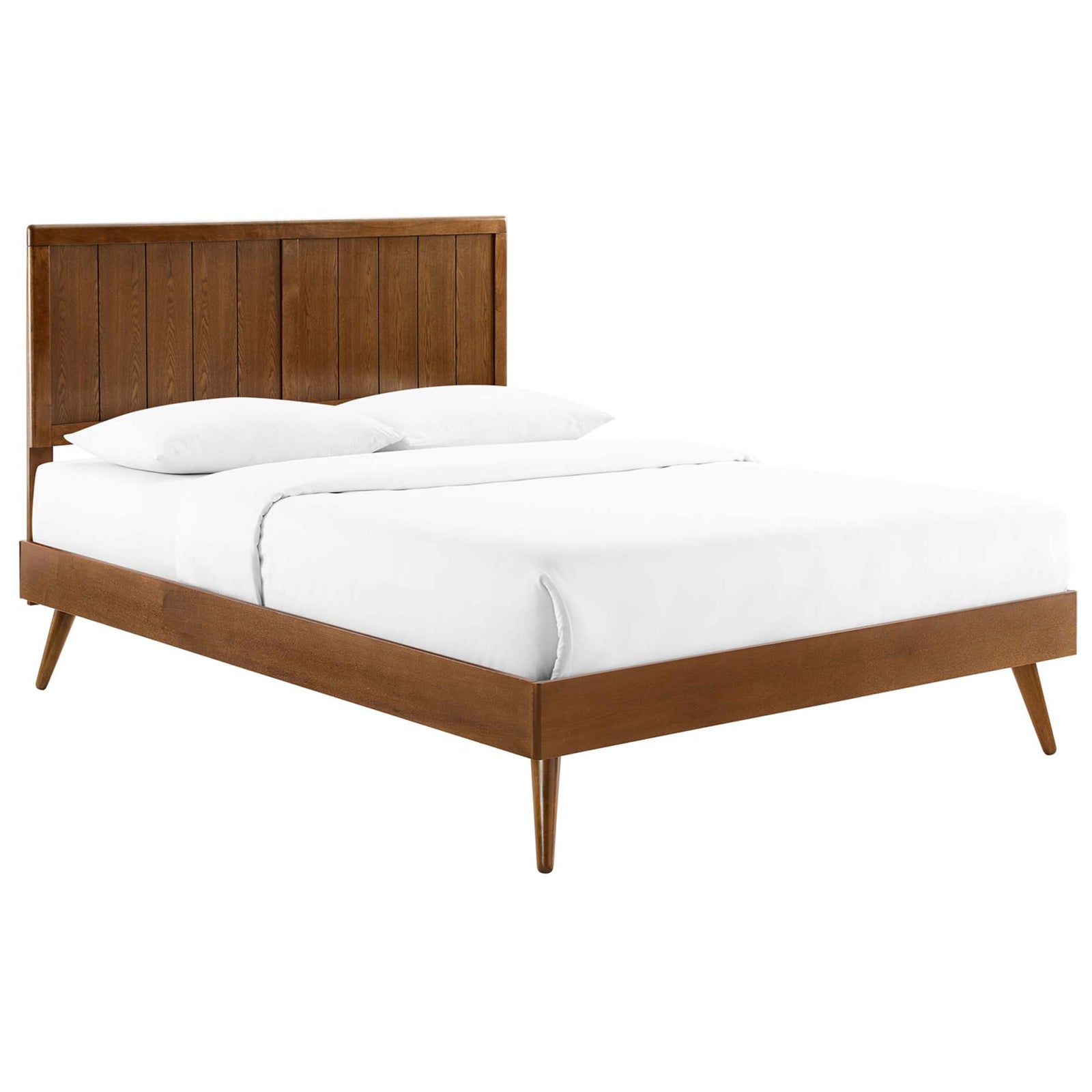 Clean-lined walnut platform bed with tapered legs and smooth paneled headboard. || MOD-6379-WAL || front_angle_studio