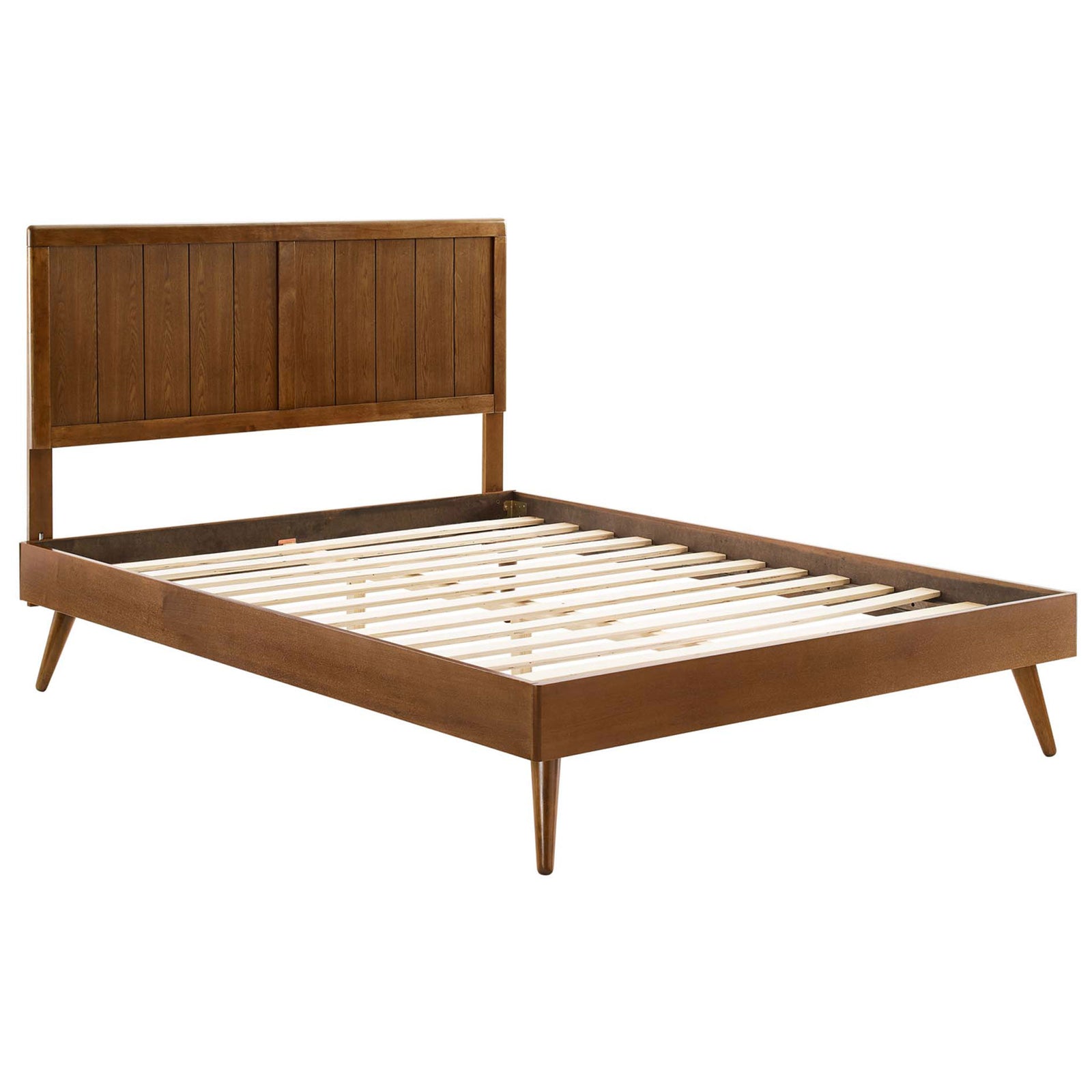 Platform frame with sturdy wood slat support and walnut headboard for box spring-free sleep. || MOD-6379-WAL || front_angle_studio
