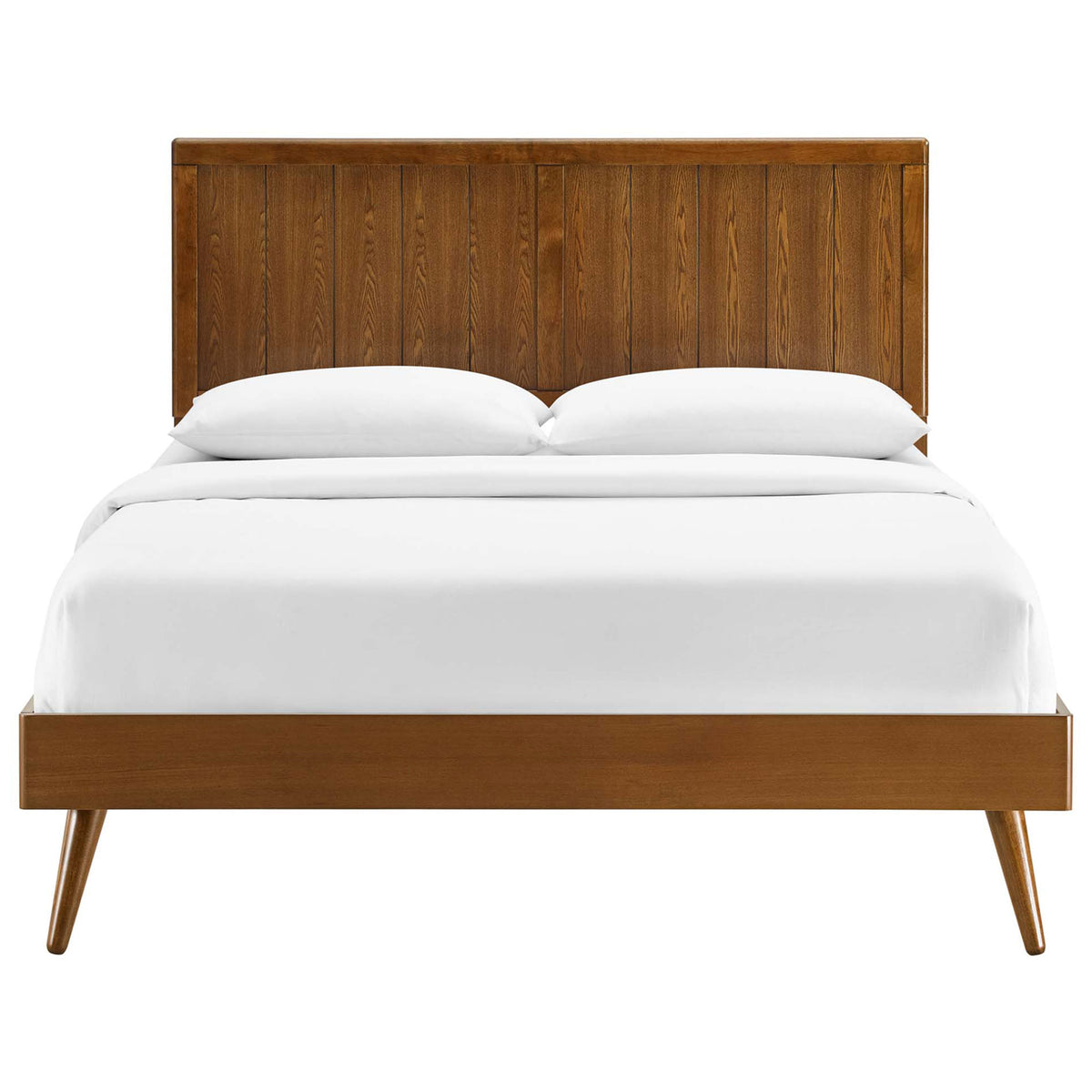 Walnut wood platform bed with paneled headboard and splayed legs brings mid-century warmth. || MOD-6379-WAL || front_studio
