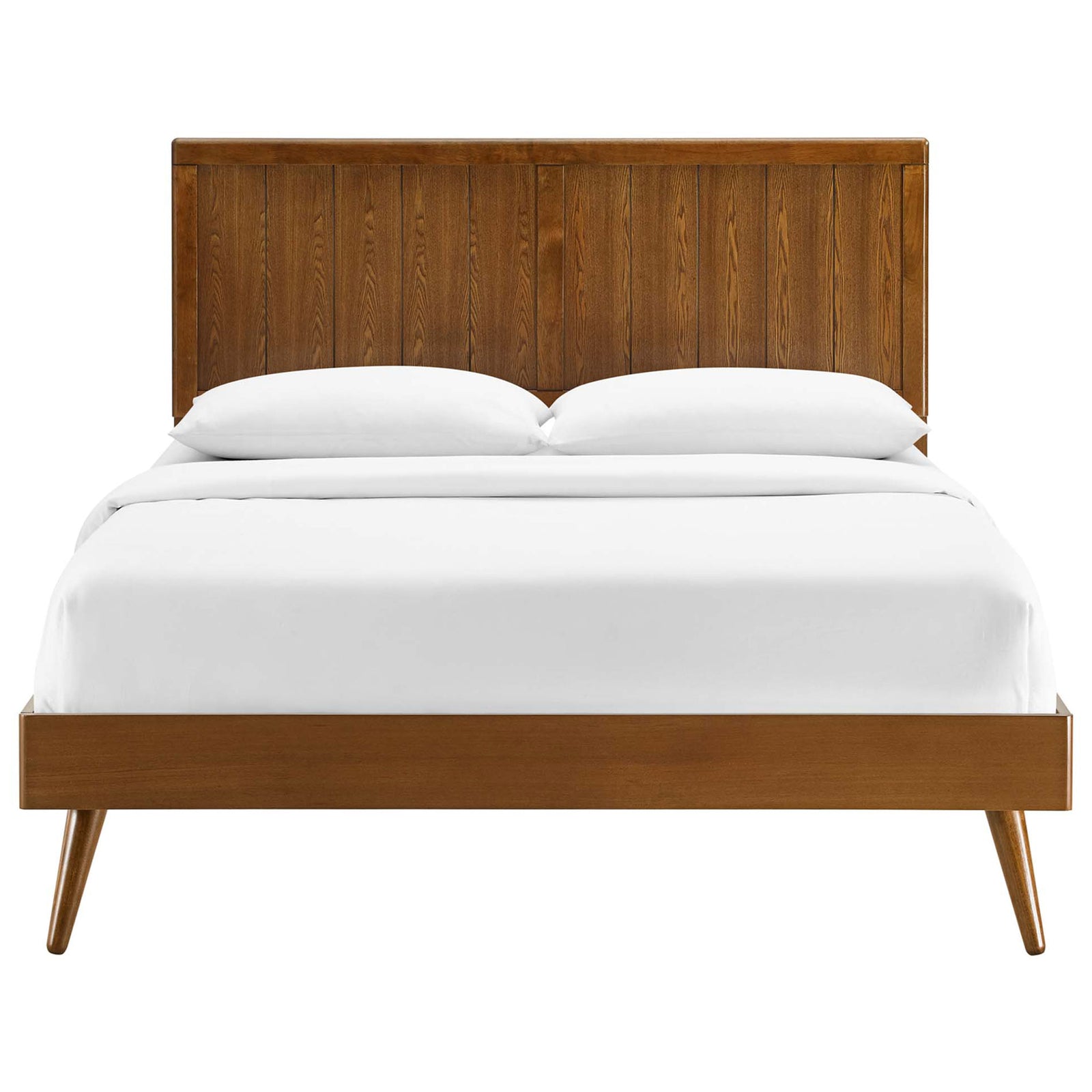 Walnut wood platform bed with paneled headboard and splayed legs brings mid-century warmth. || MOD-6379-WAL || front_studio