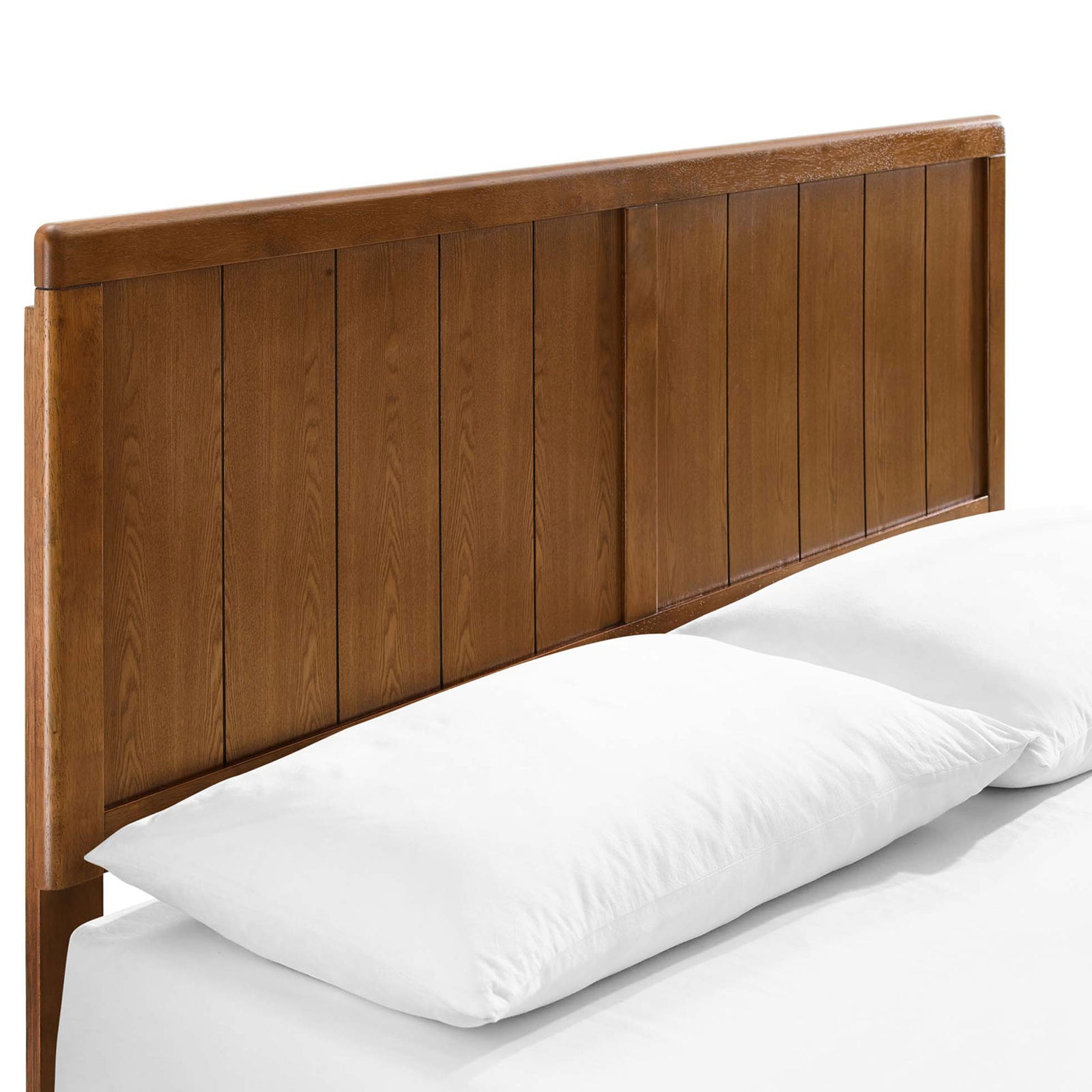 Rounded-edge headboard with vertical wood paneling highlights the beautiful walnut grain. || MOD-6379-WAL || detail_studio