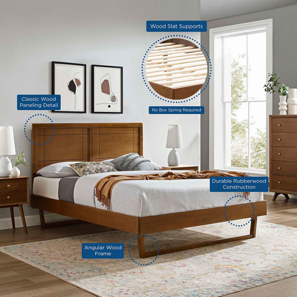 Key features highlighted: wood slat support, no box spring needed, and durable rubberwood frame || MOD-6381-WAL || callout_room