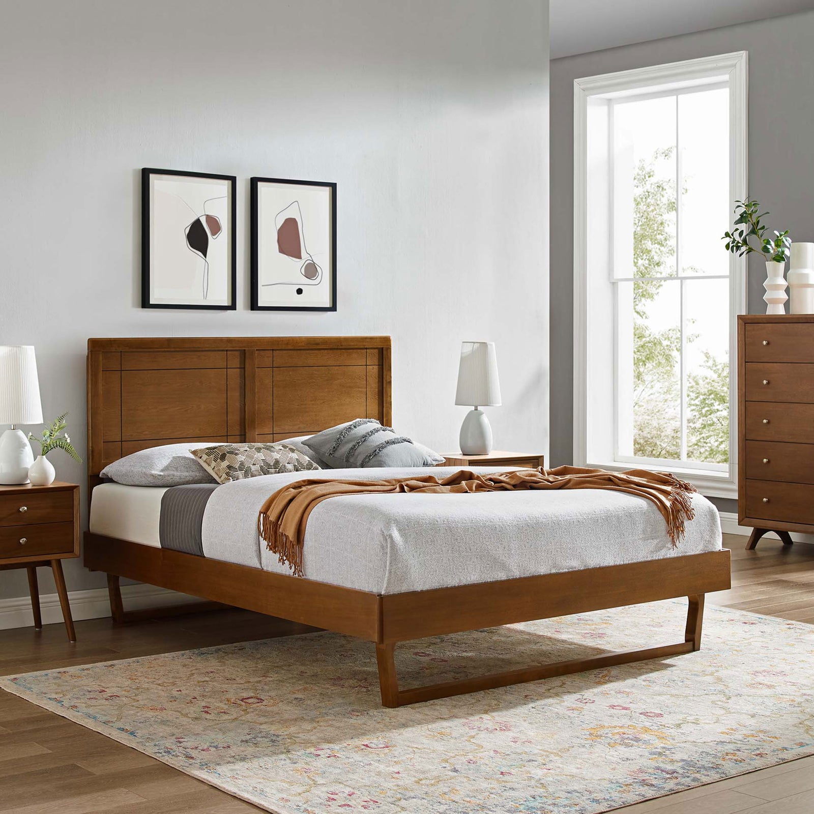 Mid-century walnut platform bed anchors the room with clean lines and an airy sled-leg base || MOD-6381-WAL || front_angle_room