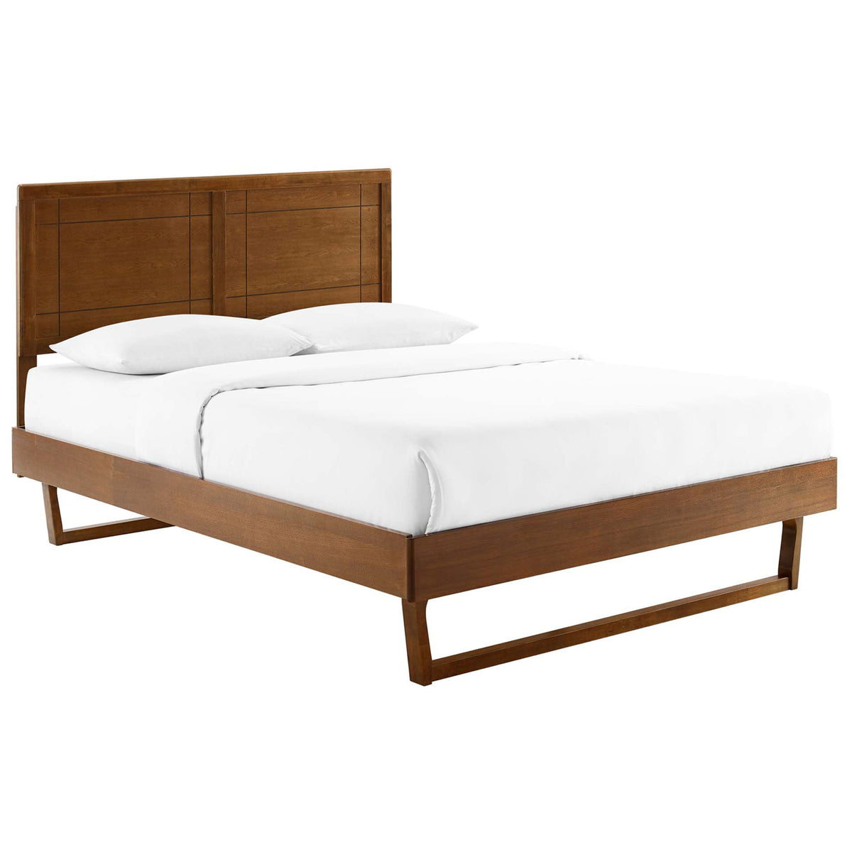 Walnut platform bed with window pane headboard and angular sled legs for a clean mid-century look || MOD-6381-WAL || front_angle_studio