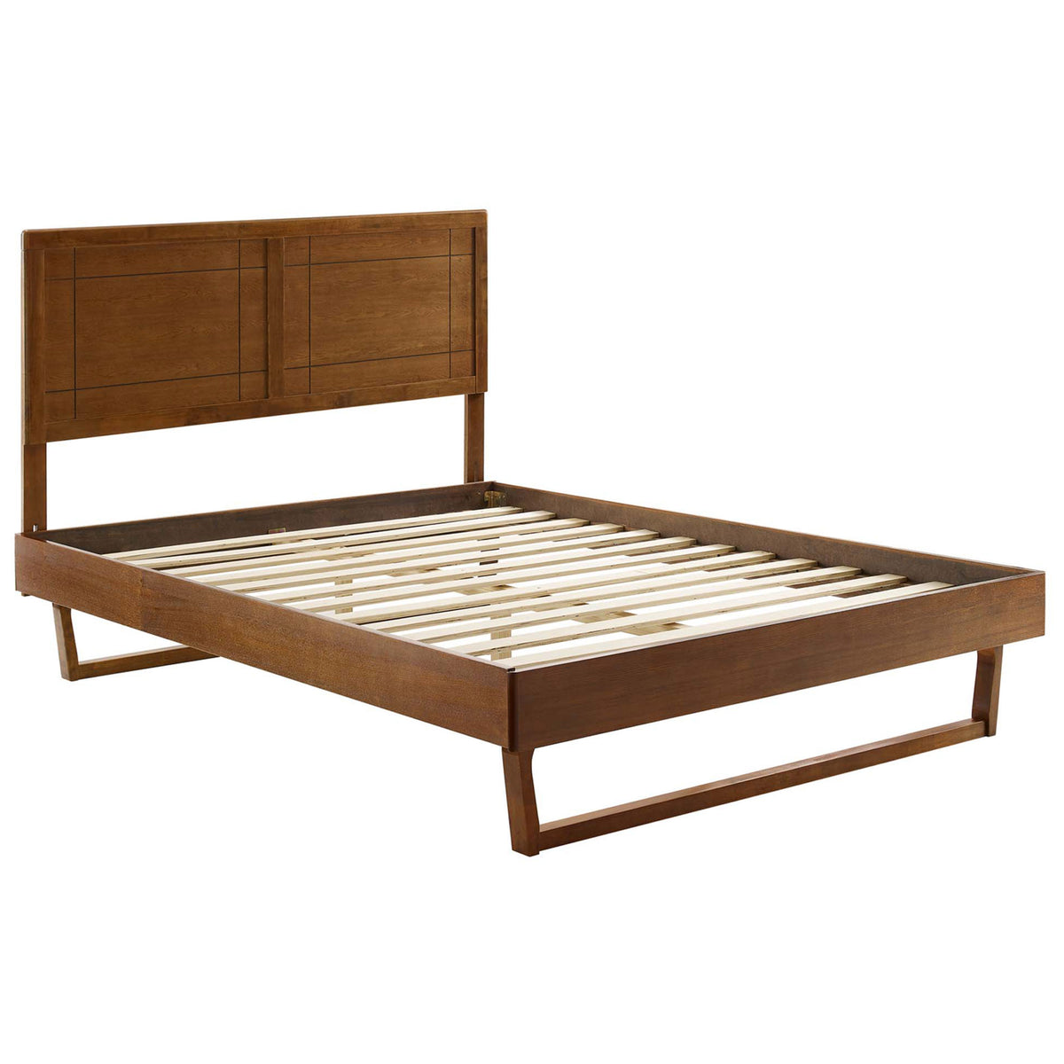 Sturdy wood platform bed with wide slat support and angular base in a warm walnut finish || MOD-6381-WAL || front_angle_studio
