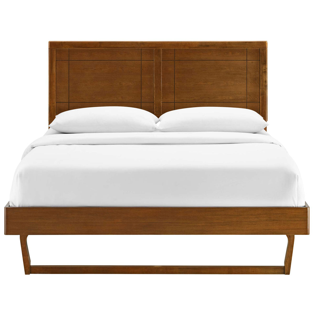 Framed window pane headboard crowns a streamlined walnut platform base with sled legs || MOD-6381-WAL || front_studio