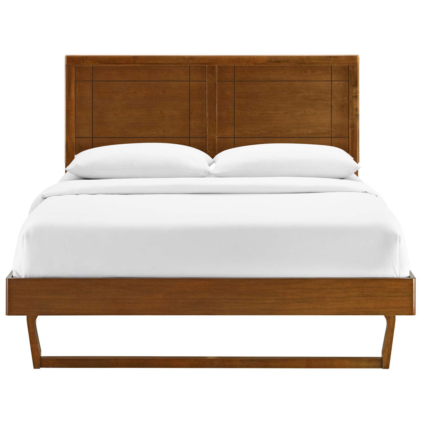 Framed window pane headboard crowns a streamlined walnut platform base with sled legs || MOD-6381-WAL || front_studio