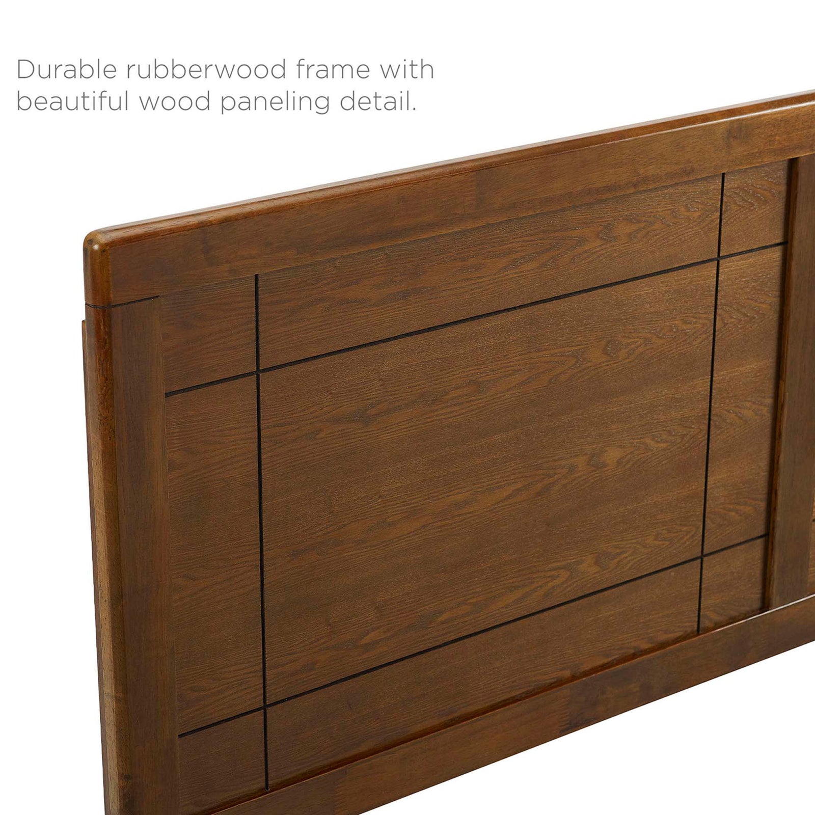 Durable rubberwood frame with classic wood paneling detail in a walnut finish || MOD-6381-WAL || callout_studio