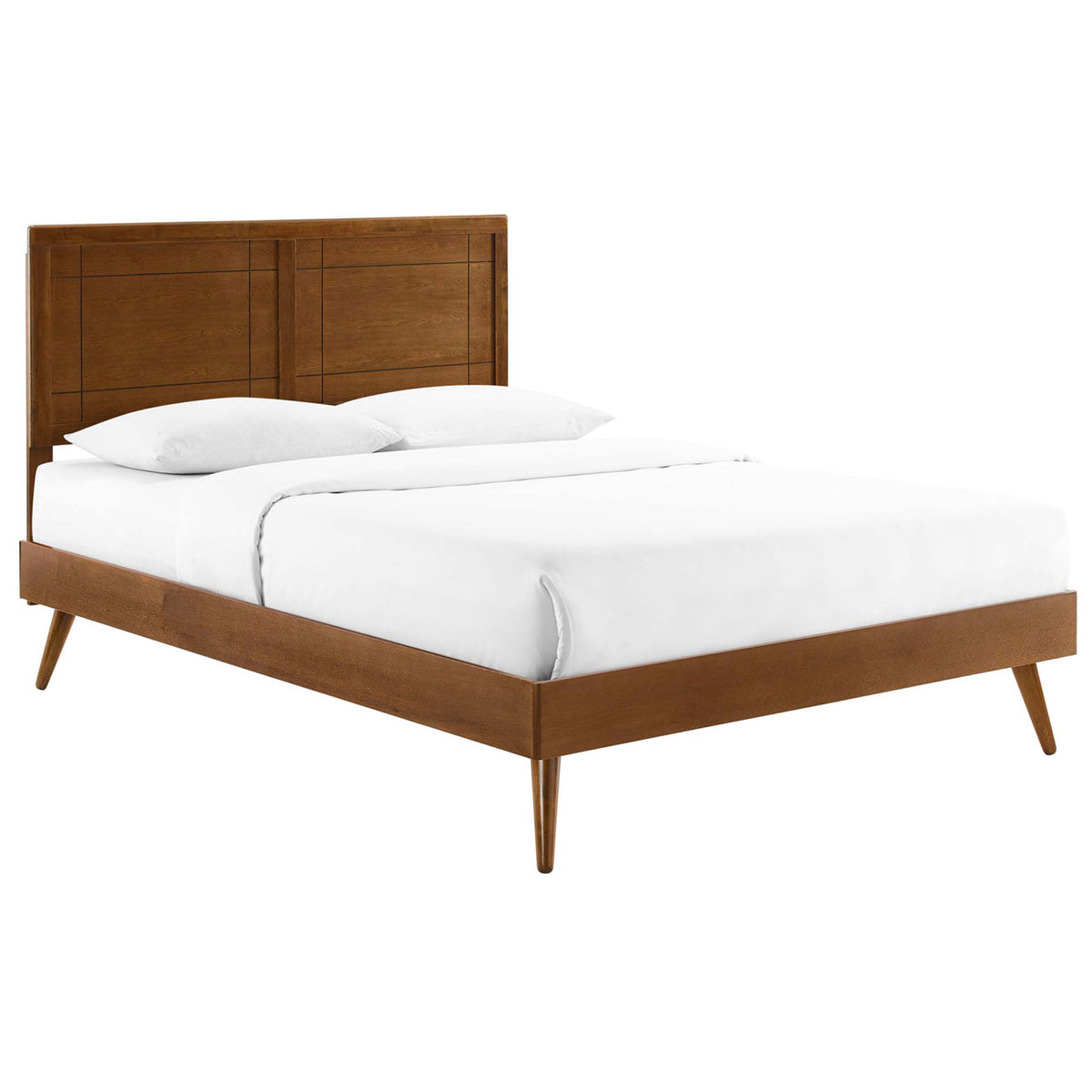 Walnut platform bed with paneled headboard and splayed legs, styled with crisp white bedding || MOD-6382-WAL || front_angle_studio