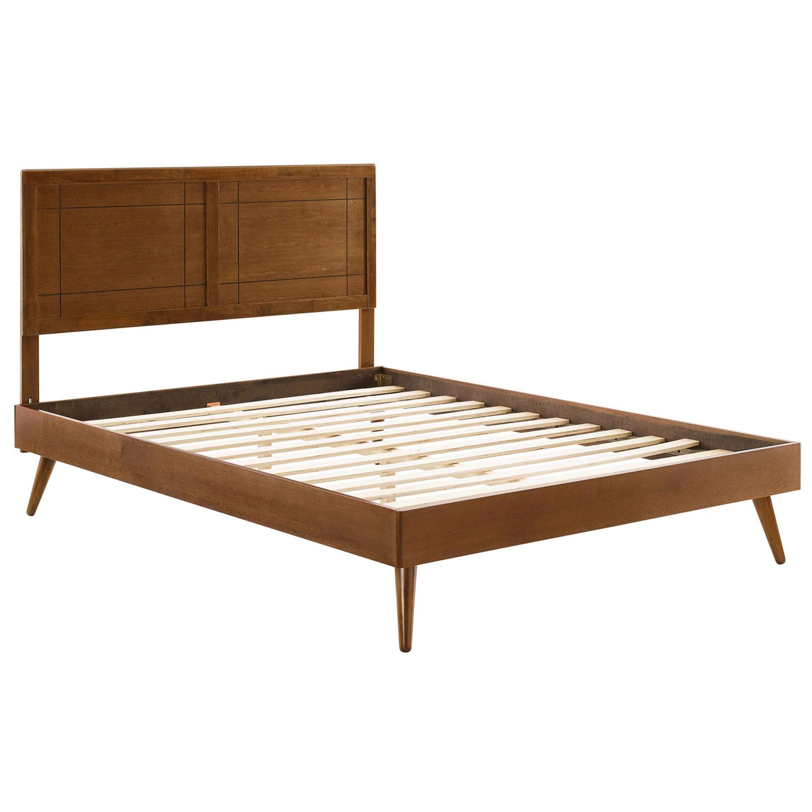 Platform bed frame in walnut with slat support system and paneled headboard || MOD-6382-WAL || front_angle_studio