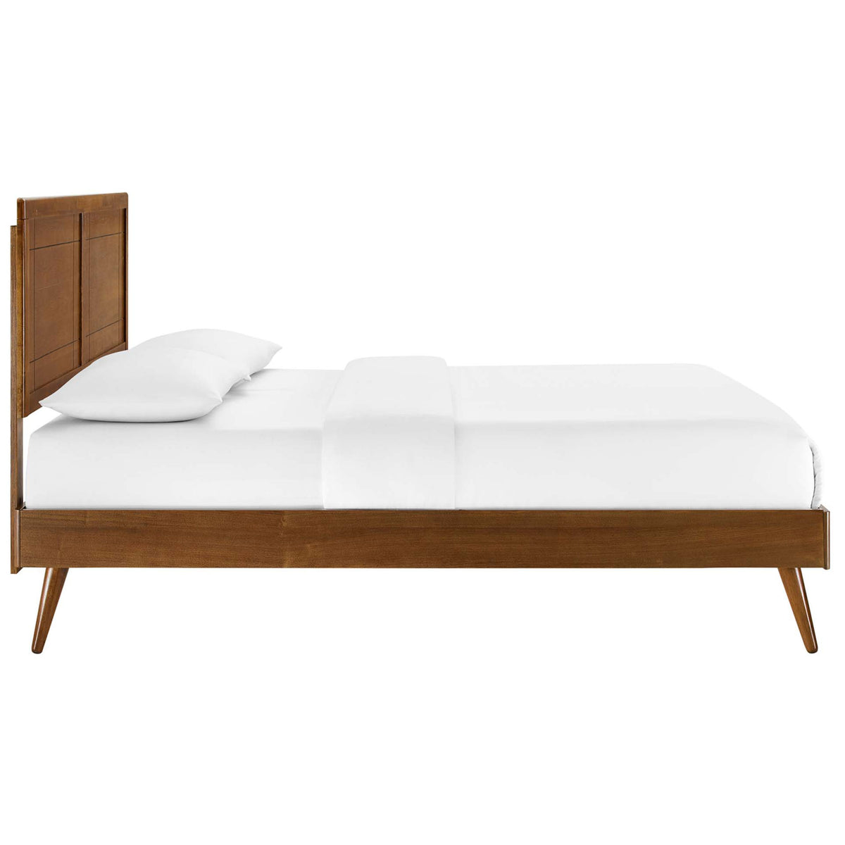 Streamlined walnut bed with low-profile frame and tapered legs for airy, modern style || MOD-6382-WAL || side_studio