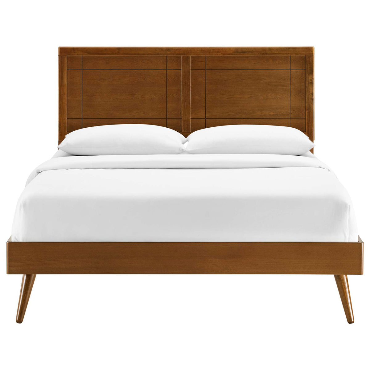 Mid-century walnut platform bed with paneled headboard and tapered splayed legs || MOD-6382-WAL || front_studio