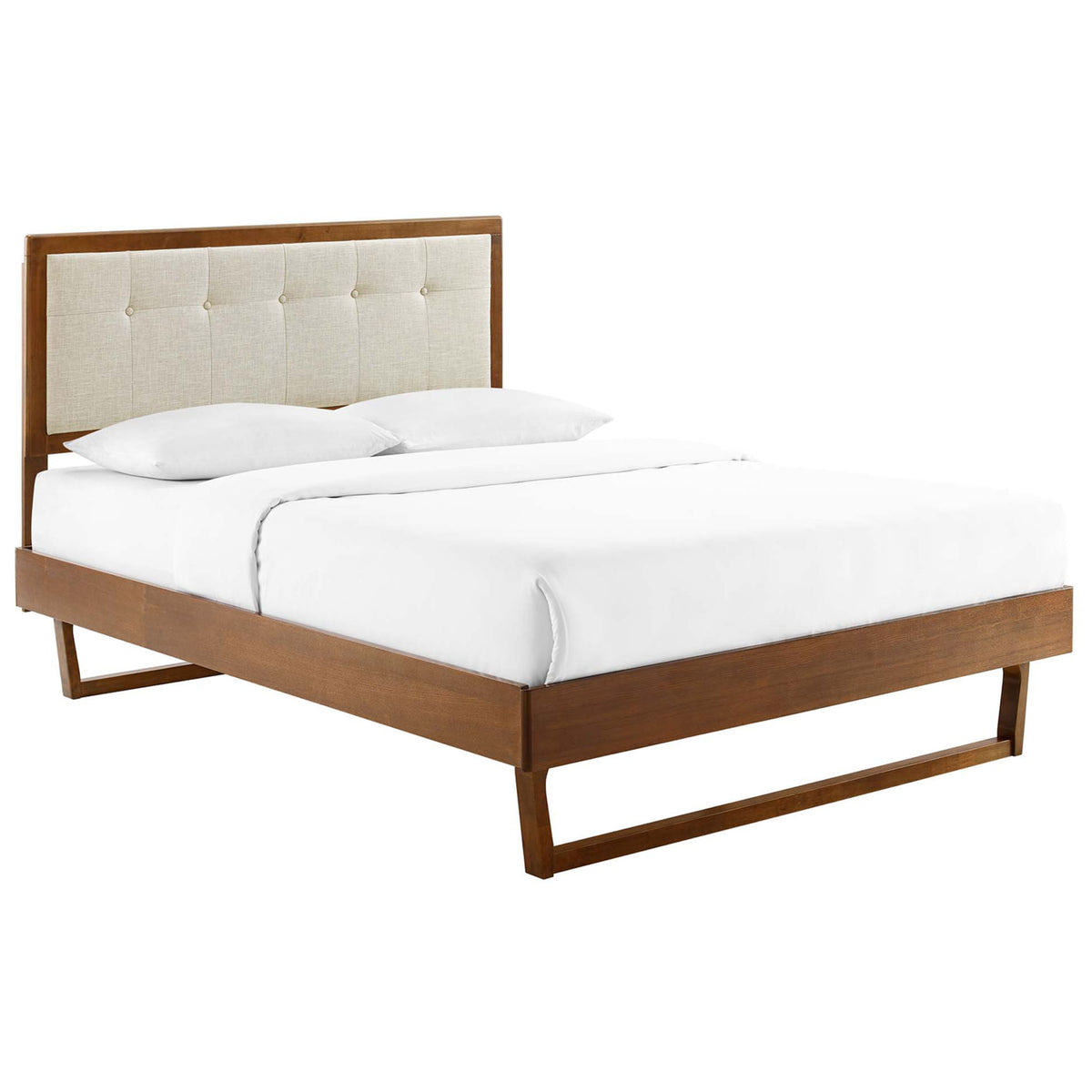 Walnut wood platform bed with beige tufted headboard and sleek angular base || MOD-6384-WAL-BEI || front_angle_studio