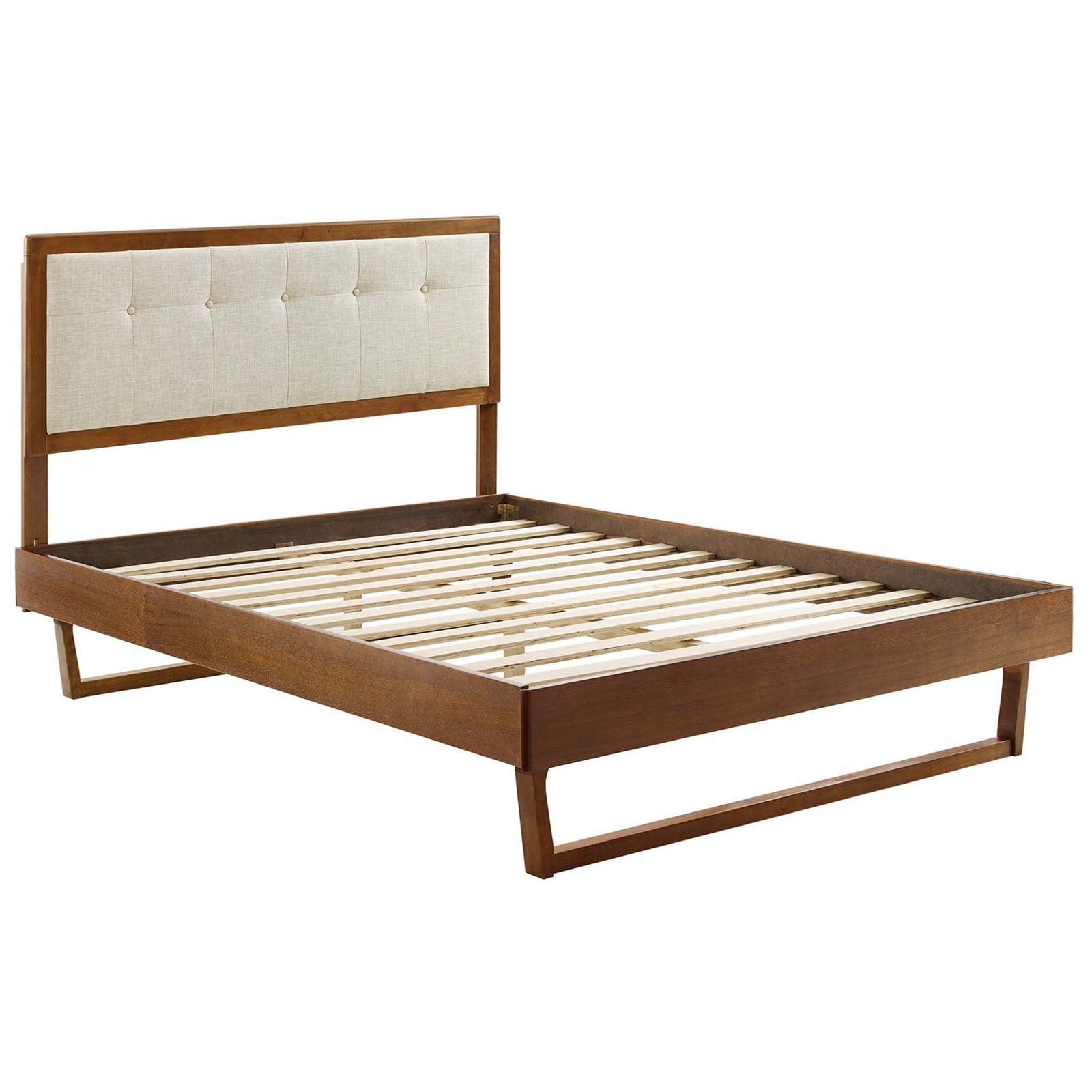 Durable wood slat support system with angular walnut frame and upholstered headboard || MOD-6384-WAL-BEI || front_angle_studio