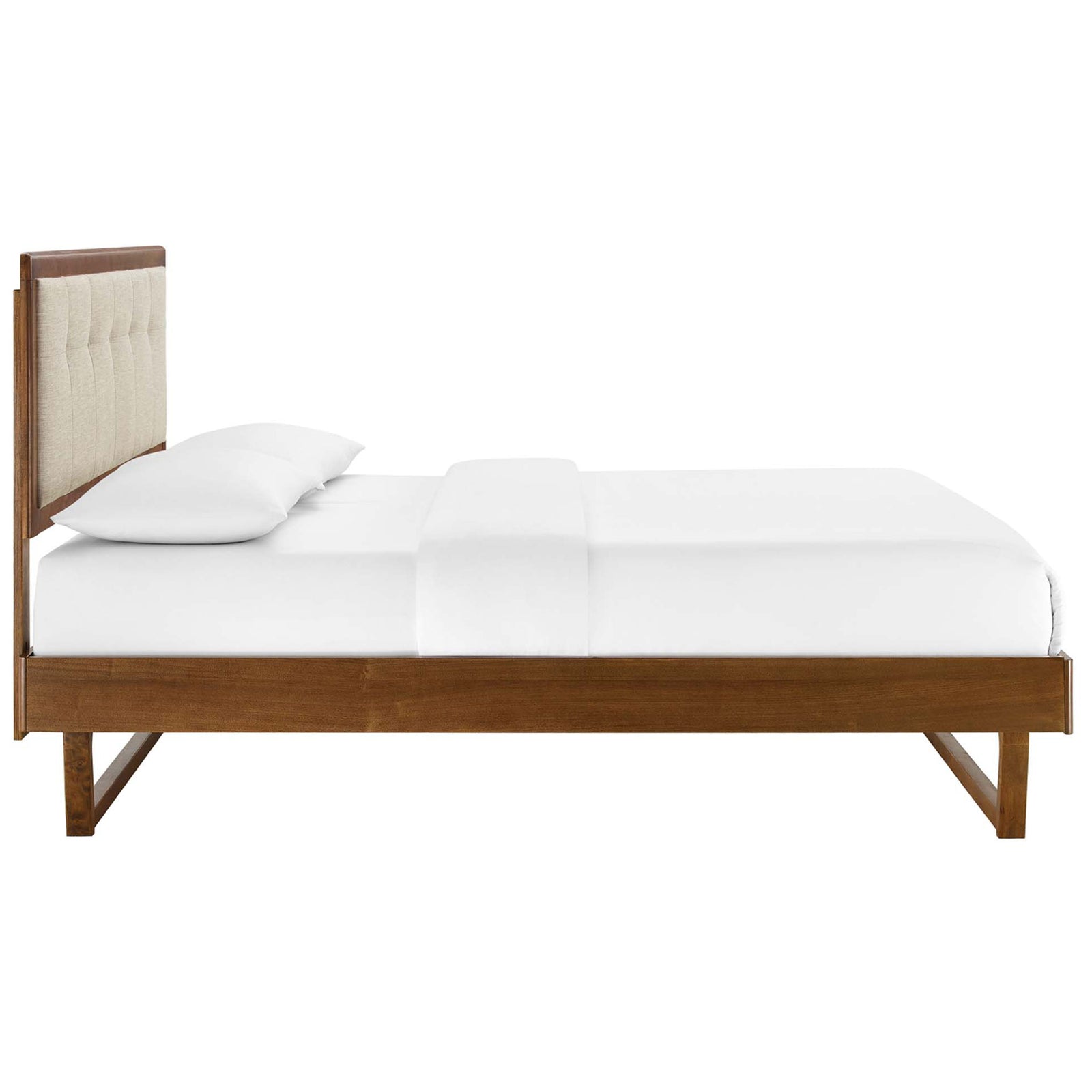Low-profile platform silhouette with tapered rubberwood legs and framed tufted headboard || MOD-6384-WAL-BEI || side_studio