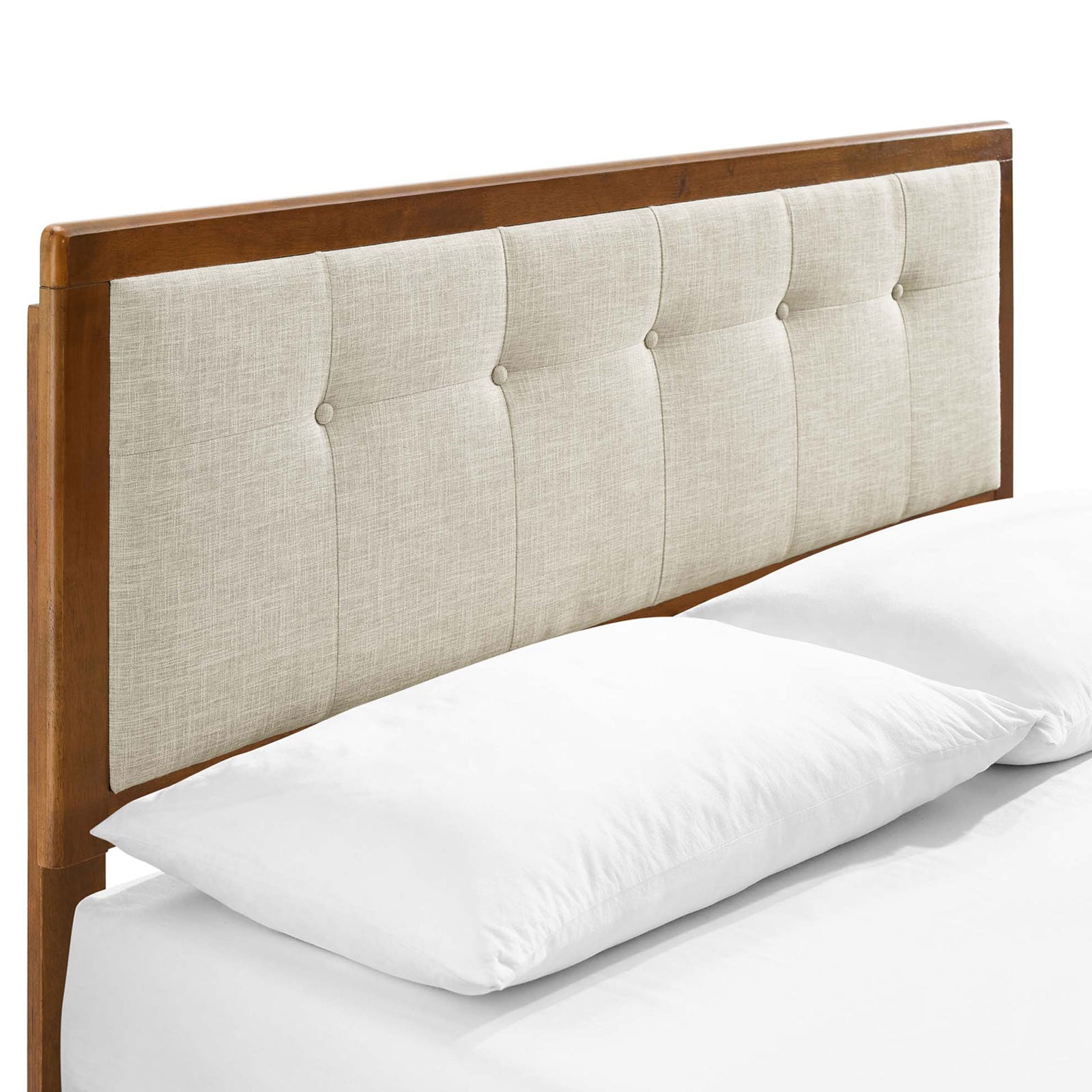 Linen-like button-tufted headboard with smooth walnut trim || MOD-6384-WAL-BEI || detail_studio