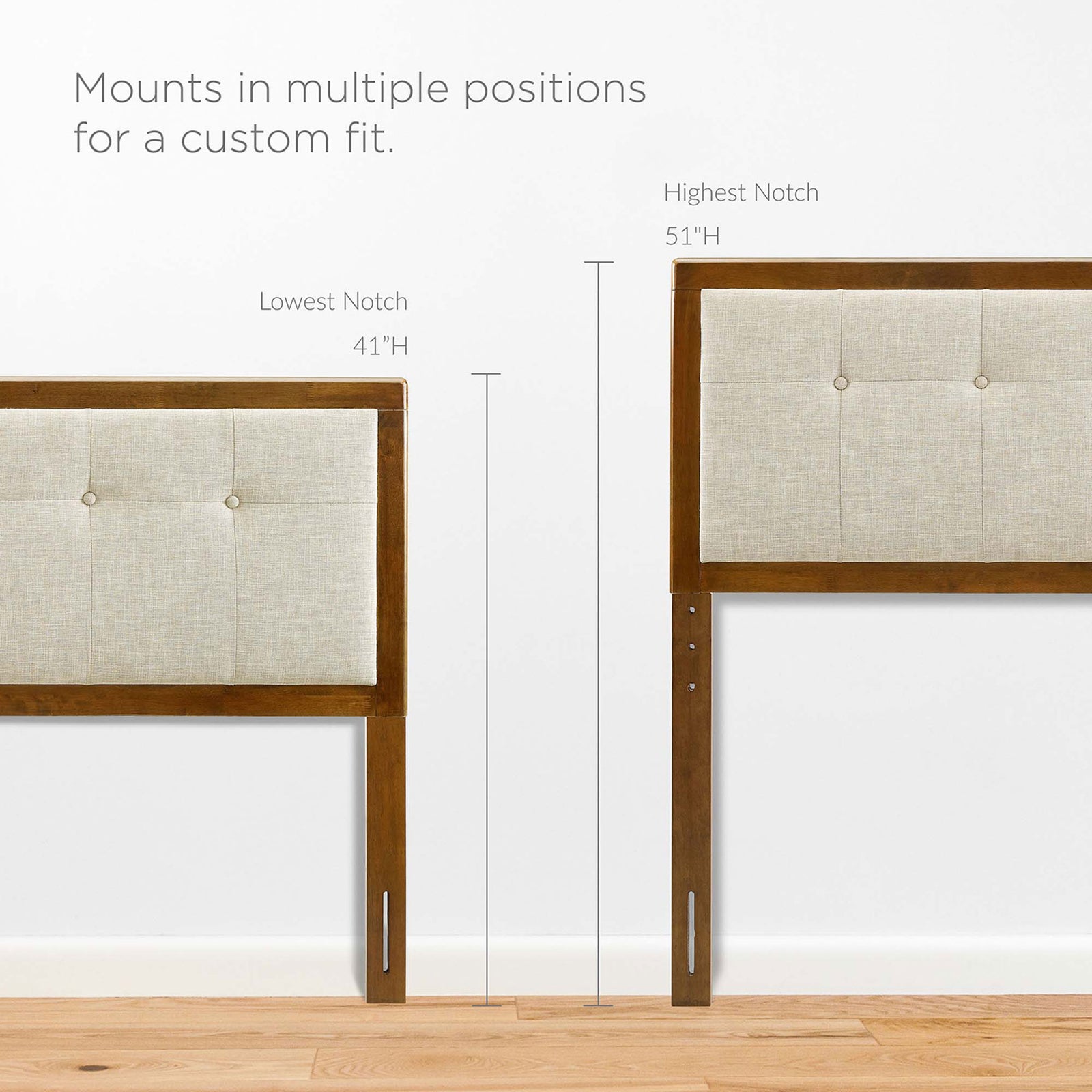 Adjustable headboard mounts for a custom fit from 41 to 51 inches high || MOD-6384-WAL-BEI || dimension_room