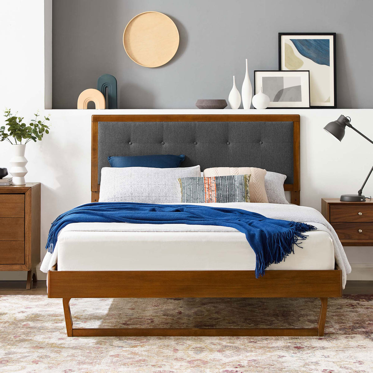 Warm walnut and charcoal palette anchors the bedroom with clean, mid-century lines || MOD-6384-WAL-CHA || front_room