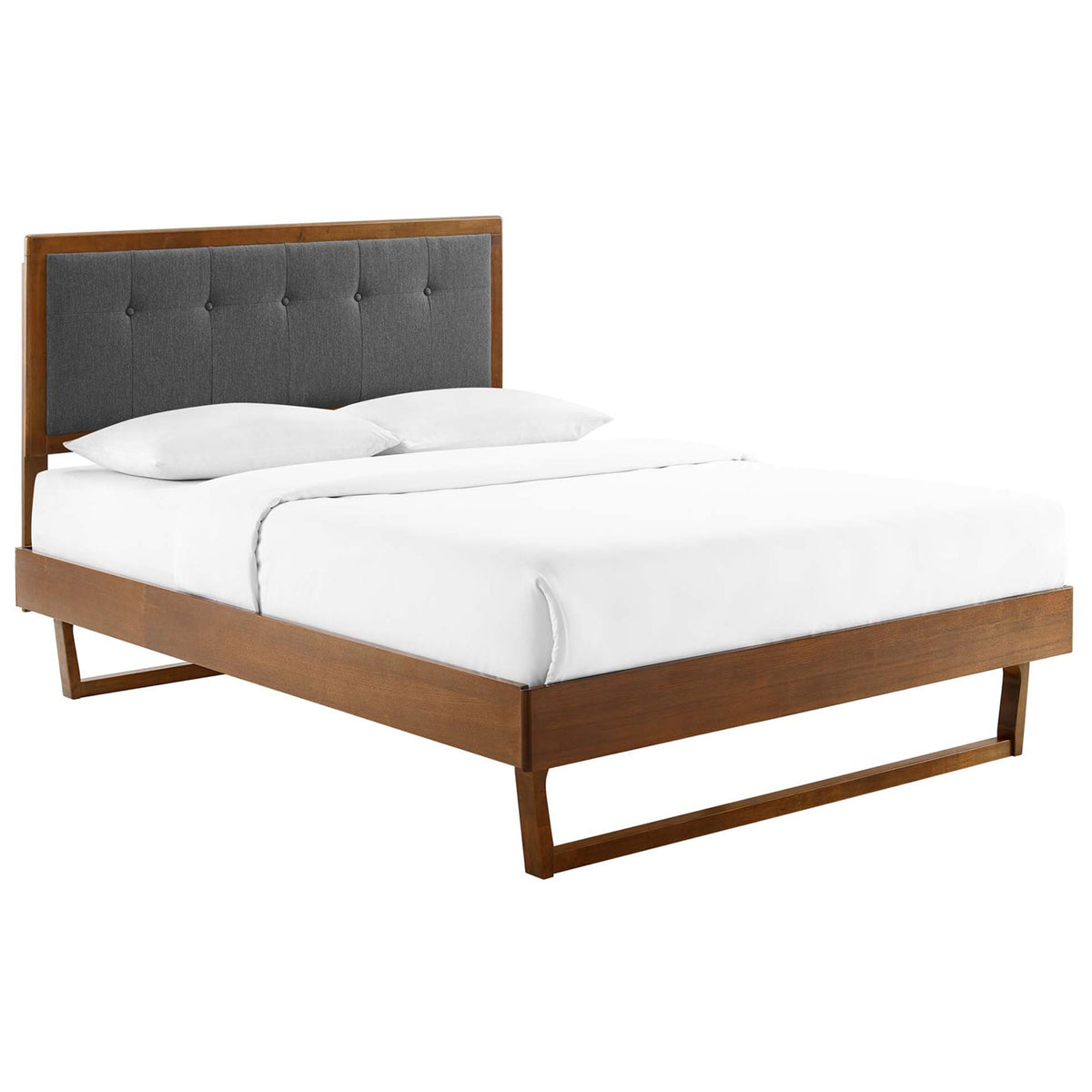 Mid-century silhouette pairs a walnut frame with a button-tufted charcoal headboard || MOD-6384-WAL-CHA || front_angle_studio