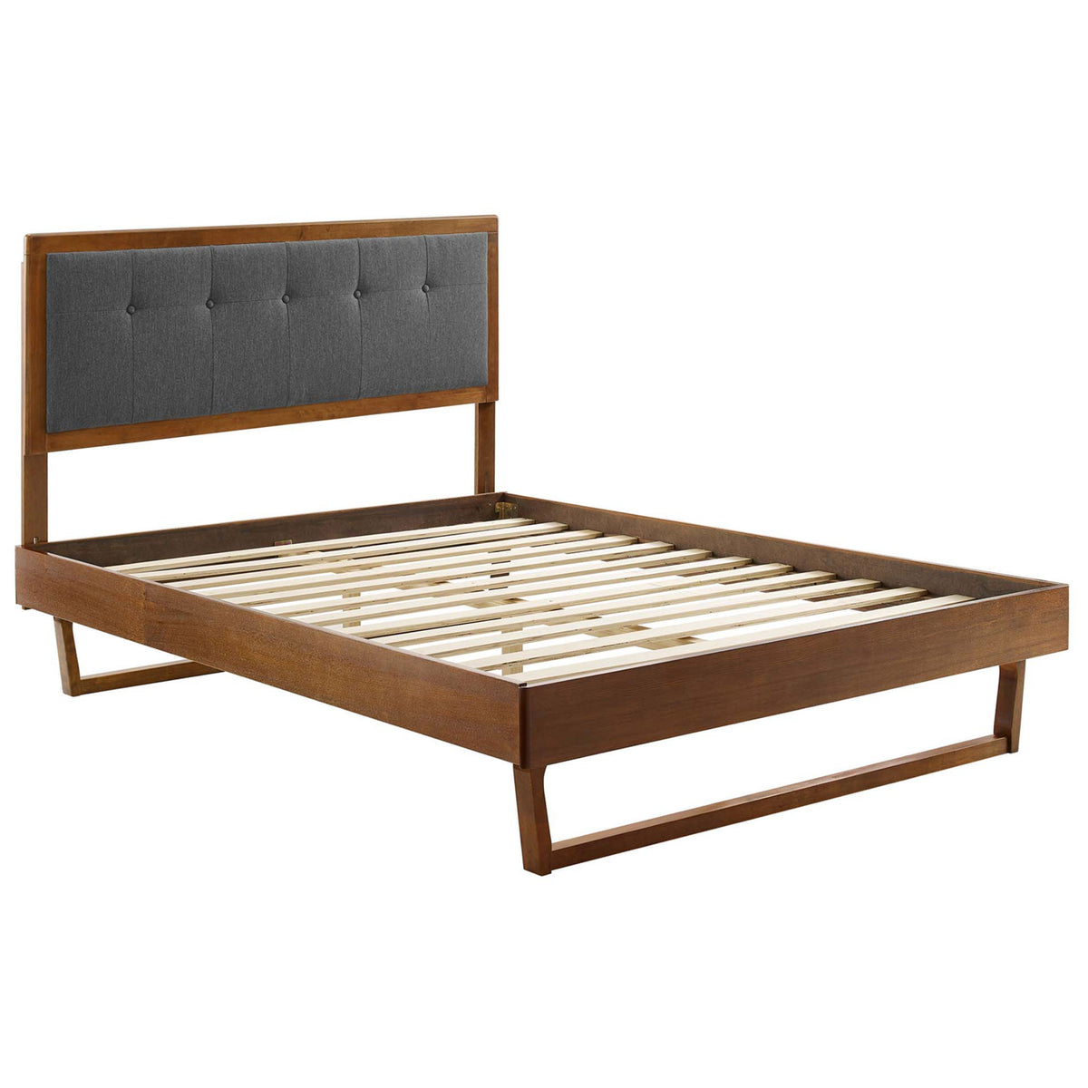 Platform base with wood slat support eliminates the need for a box spring || MOD-6384-WAL-CHA || front_angle_studio