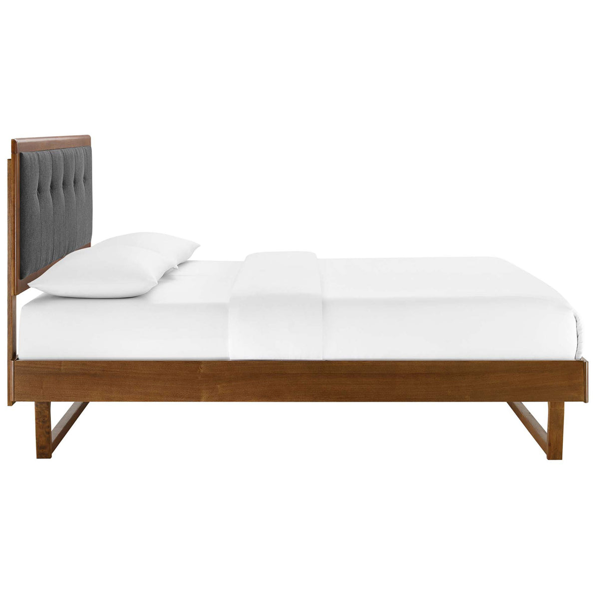 Streamlined low-profile platform with sled legs and neatly framed upholstered headboard || MOD-6384-WAL-CHA || side_studio