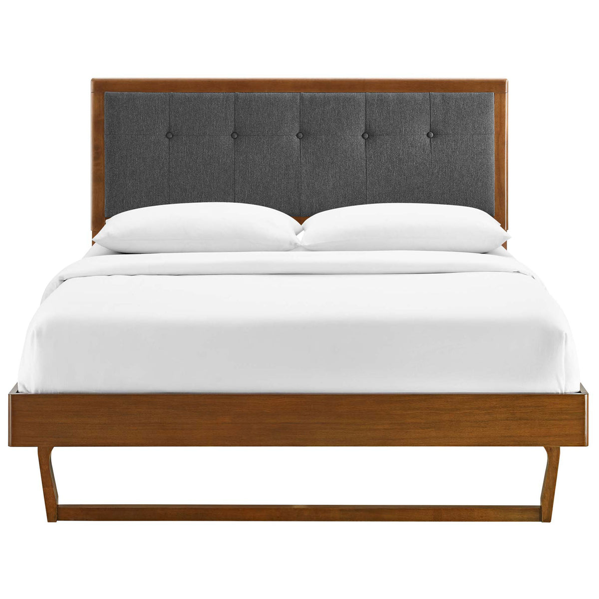 Walnut wood platform bed with tufted charcoal headboard and angular sled base || MOD-6384-WAL-CHA || front_studio