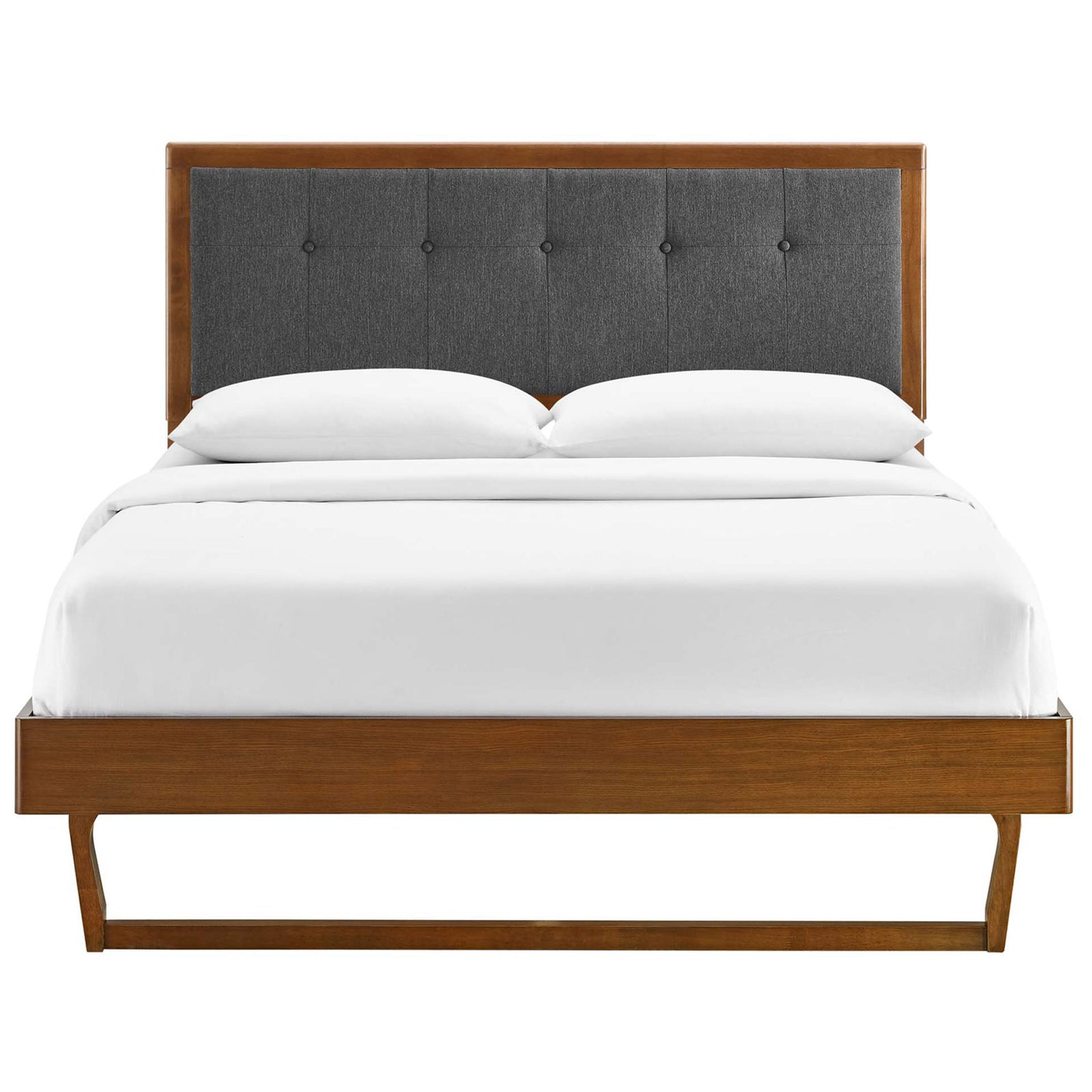 Walnut wood platform bed with tufted charcoal headboard and angular sled base || MOD-6384-WAL-CHA || front_studio