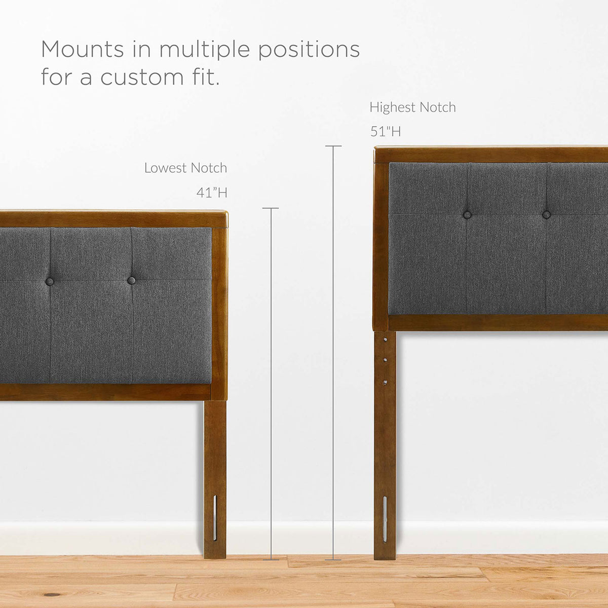 Adjustable headboard height from 41 to 51 inches for a custom fit || MOD-6384-WAL-CHA || dimension_room
