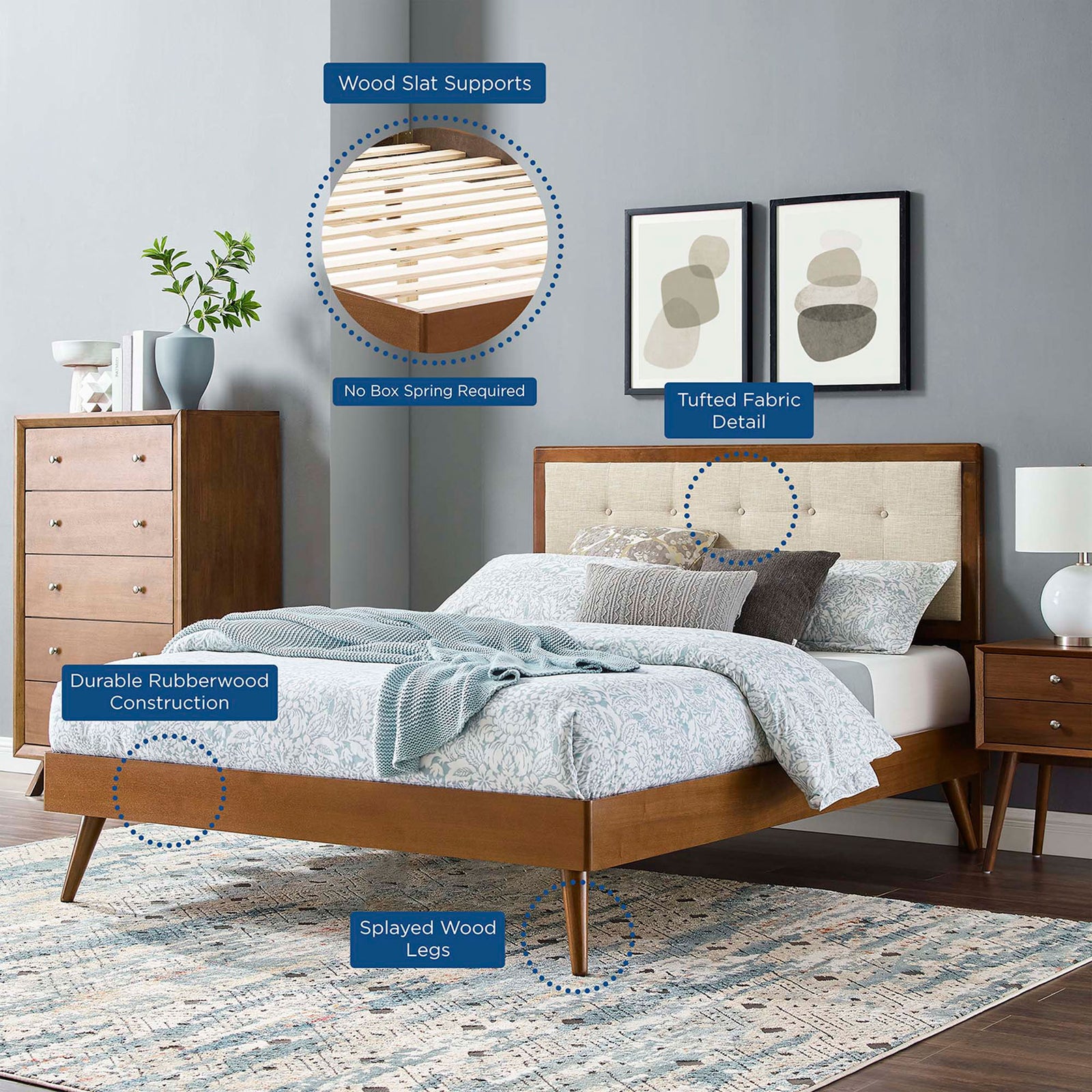 Key features include wood slat supports, tufted headboard, and splayed legs for modern appeal || MOD-6385-WAL-BEI || callout_room