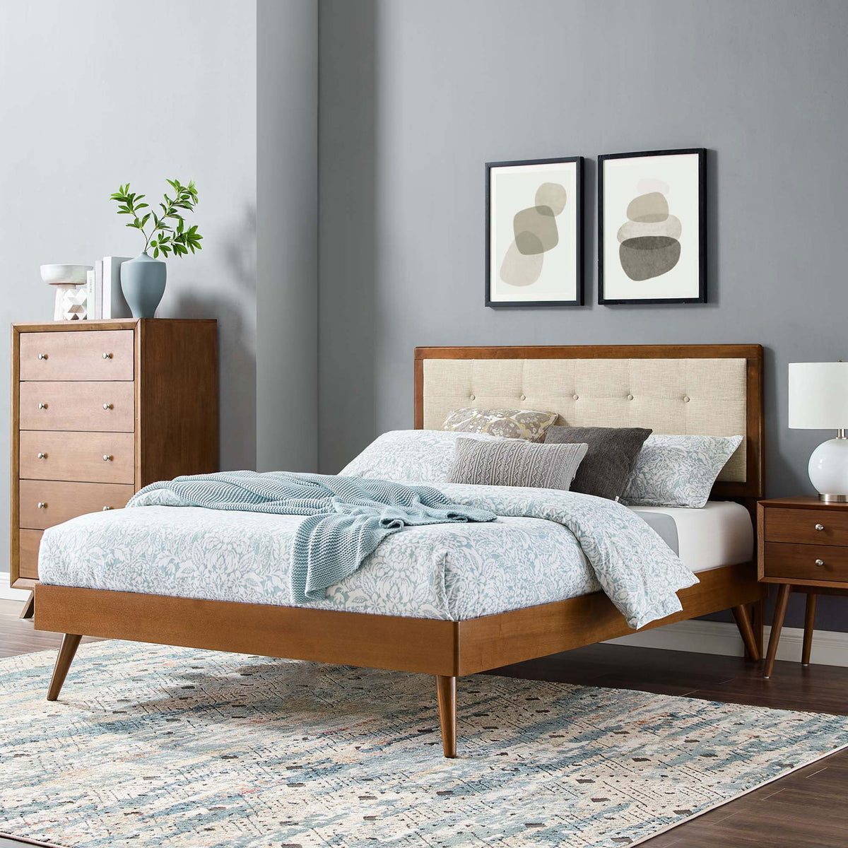 Modern platform bed in walnut and beige elevates the room with clean lines and mid-century charm || MOD-6385-WAL-BEI || front_angle_room