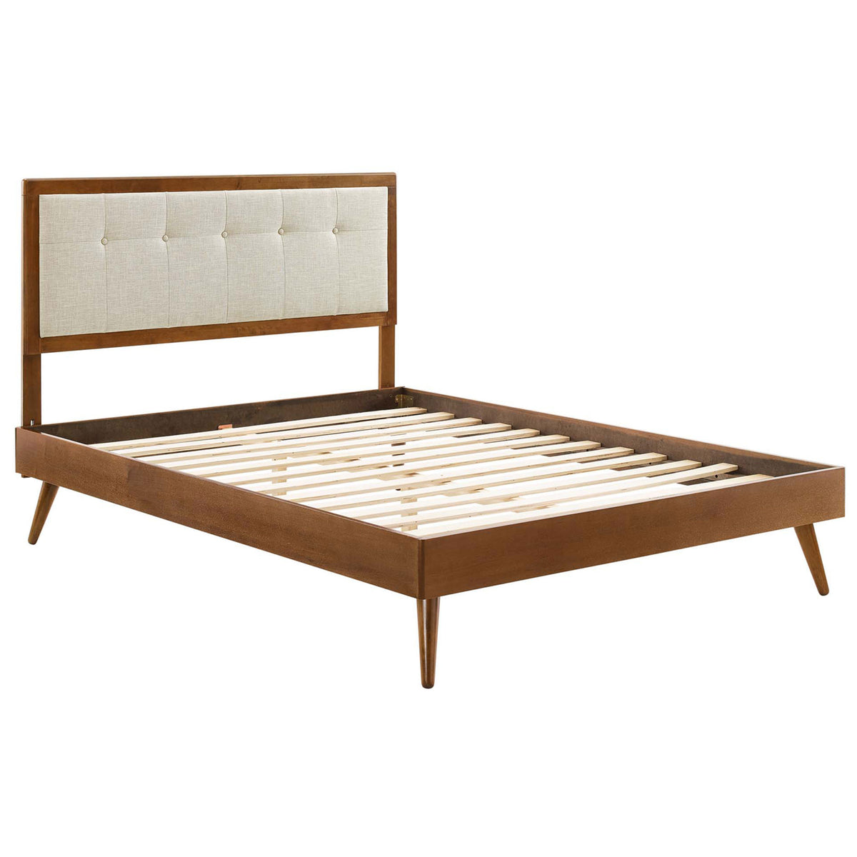 Sturdy wood platform frame with supportive slats and splayed legs eliminates the need for a box spring || MOD-6385-WAL-BEI || front_angle_studio
