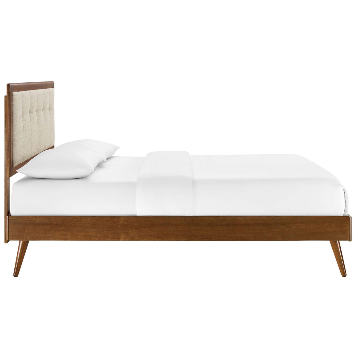 Streamlined low-profile bed with walnut frame, beige upholstered headboard, and elegant tapered legs || MOD-6385-WAL-BEI || side_studio