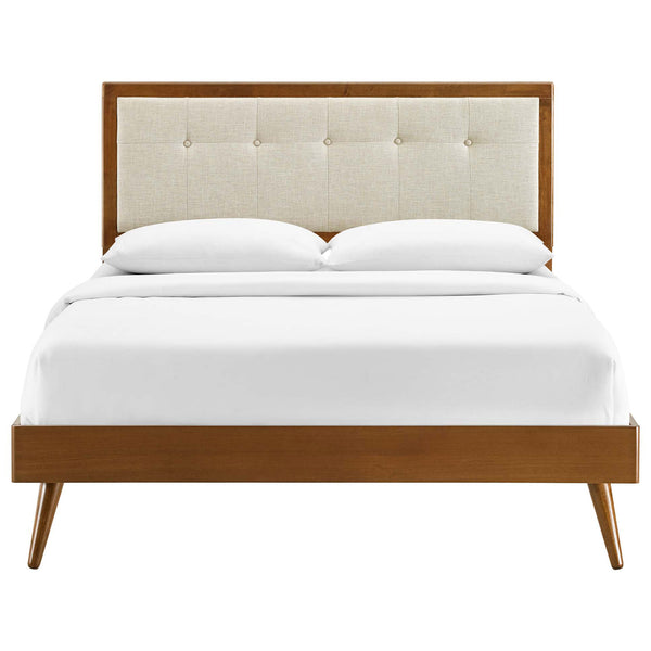 Crisp walnut frame and button-tufted beige headboard anchor a modern platform bed design || MOD-6385-WAL-BEI || front_studio