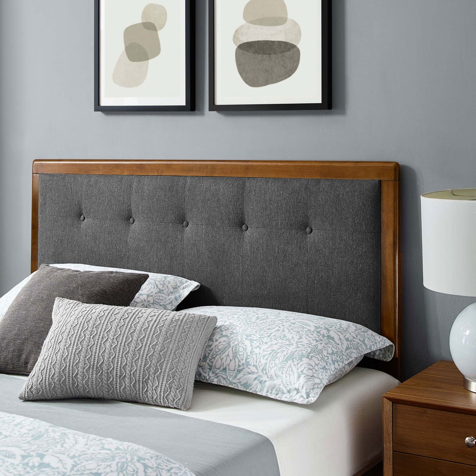 Charcoal tufted headboard in walnut wood brings tailored texture to the bedroom || MOD-6385-WAL-CHA || front_partial_room