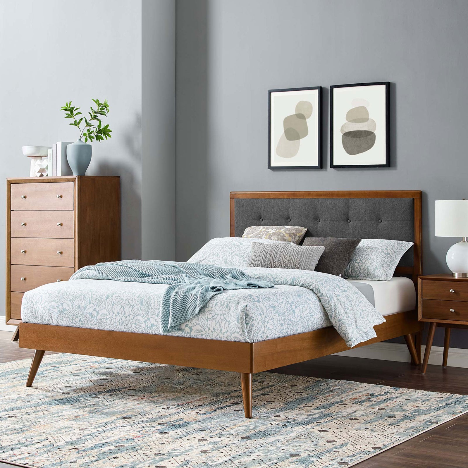 Modern walnut platform bed styled for a cozy bedroom with charcoal upholstered headboard || MOD-6385-WAL-CHA || front_angle_room
