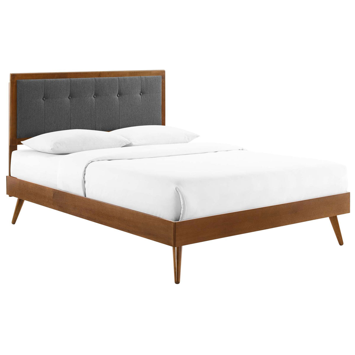 Streamlined walnut bed frame with button-tufted charcoal headboard and tapered legs || MOD-6385-WAL-CHA || front_angle_studio