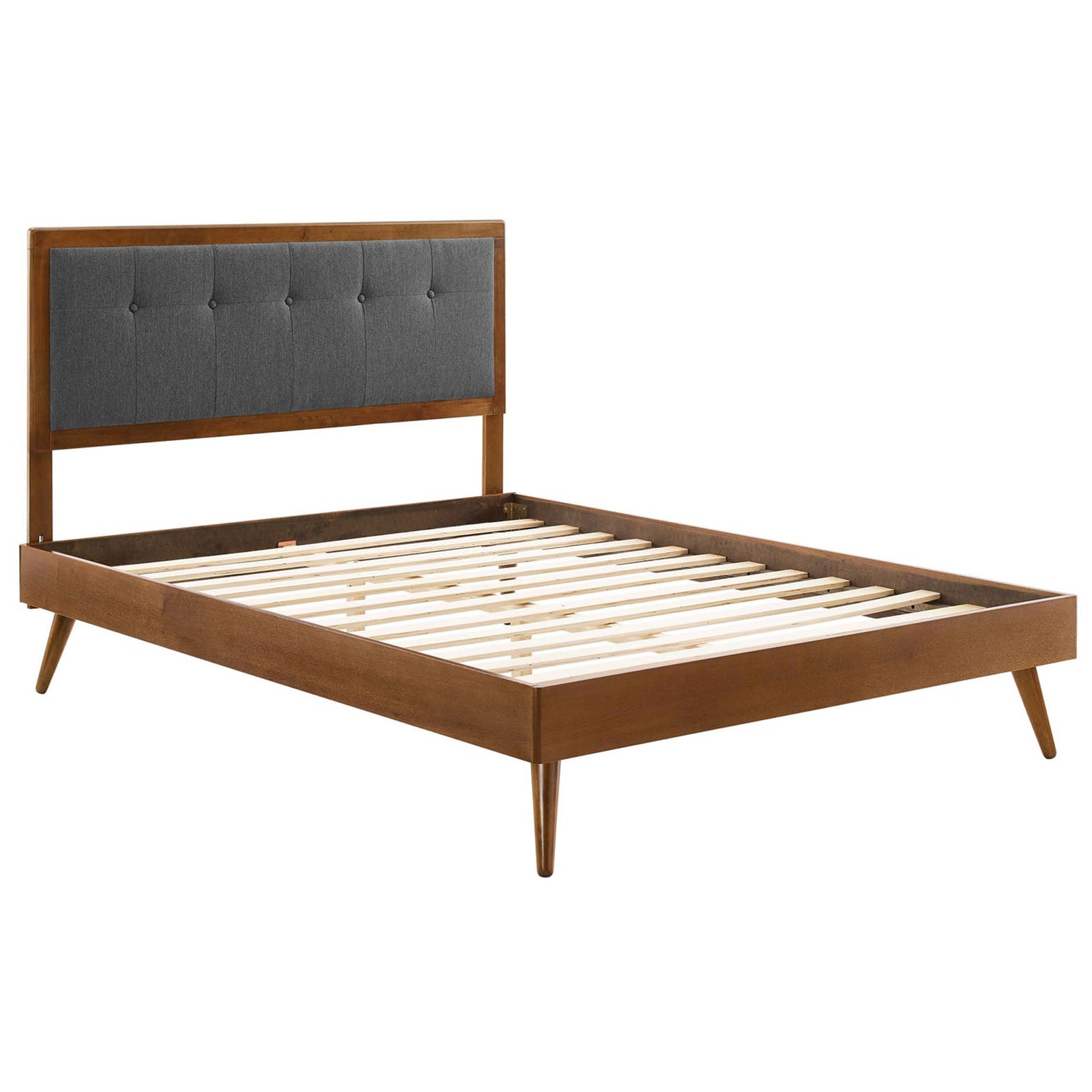 Platform bed frame with walnut rails, slat support, and charcoal tufted headboard || MOD-6385-WAL-CHA || front_angle_studio