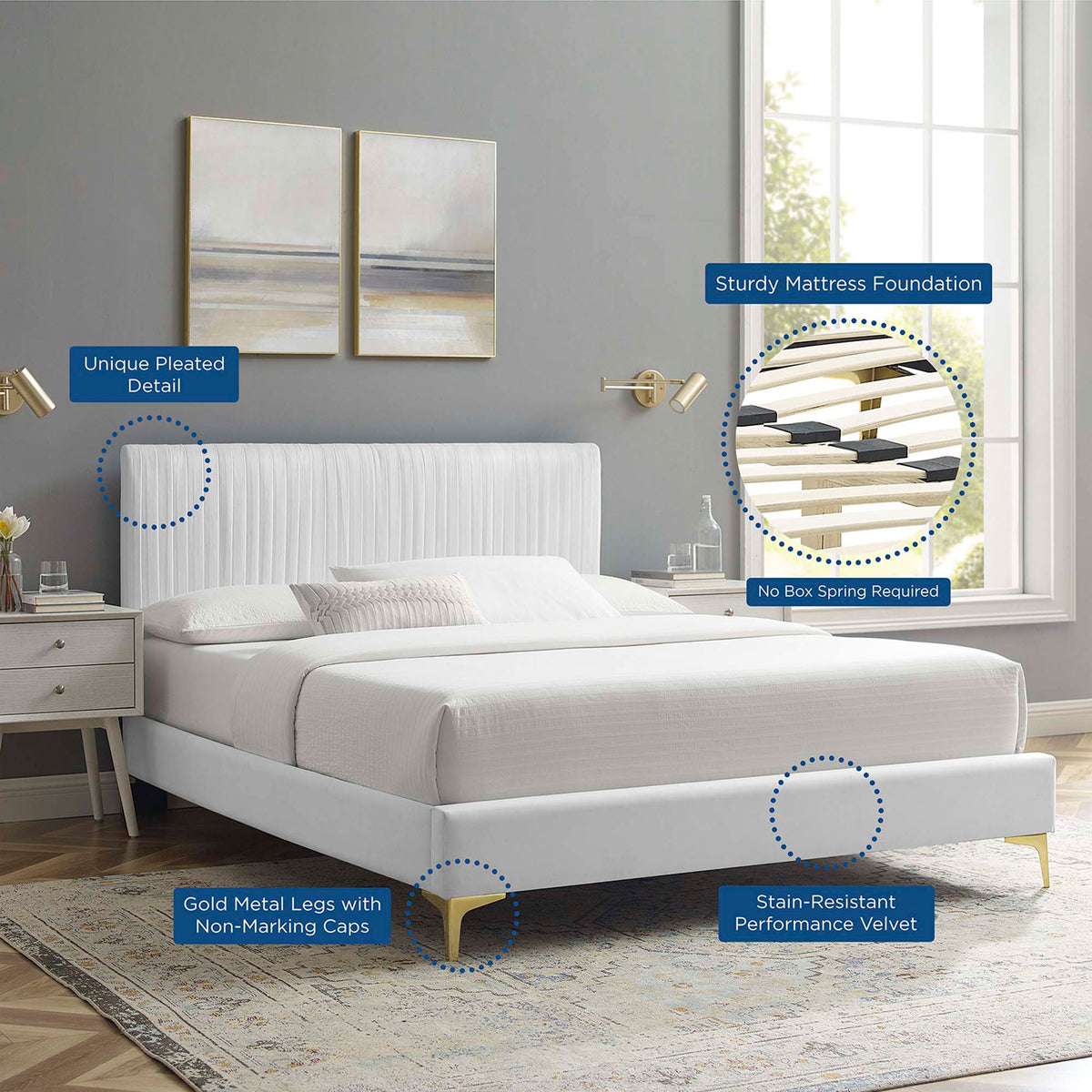 Modern white velvet bed with gold legs and supportive slat foundation, no box spring needed. || MOD-6595-WHI || callout_room