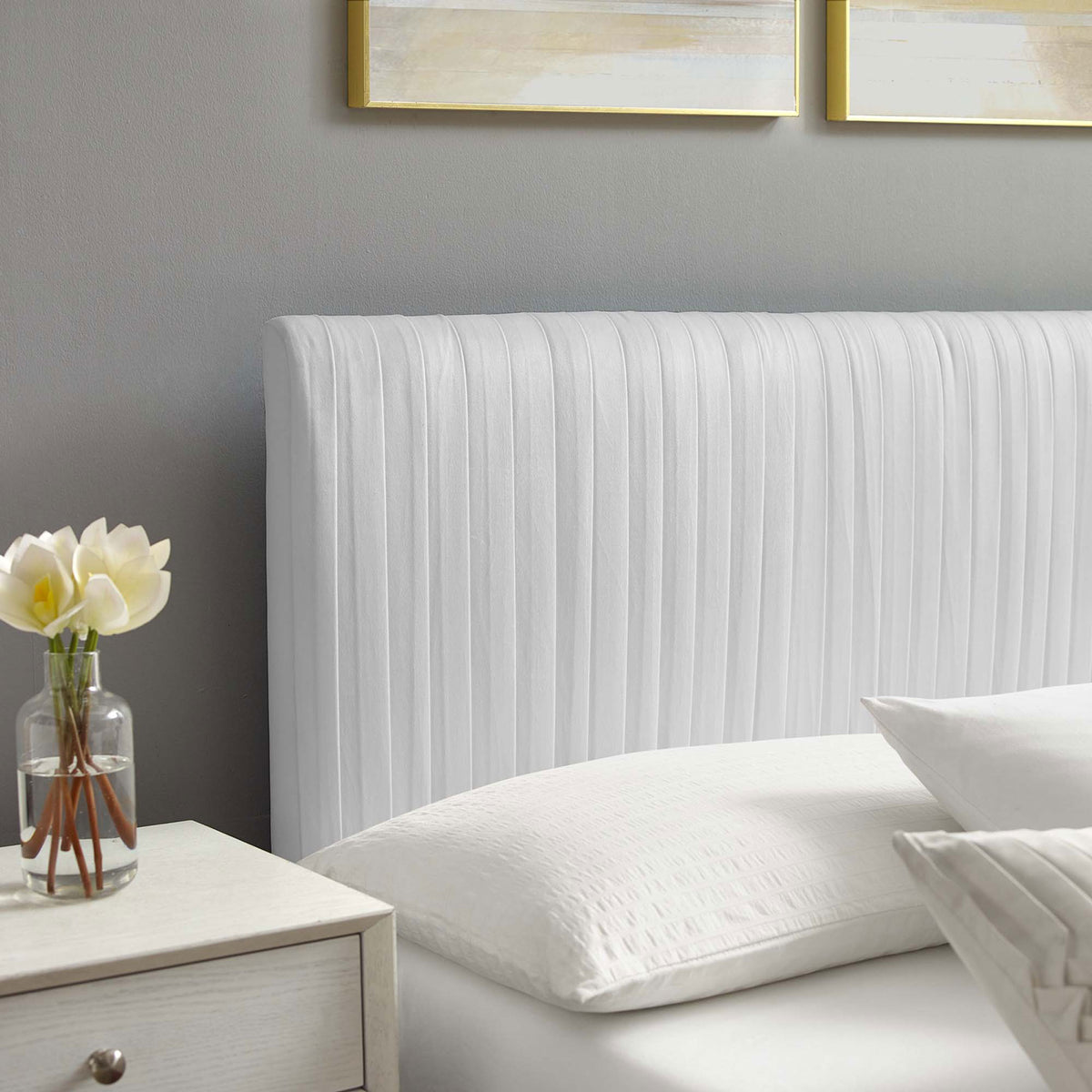 Vertical channel tufting adds plush texture to the white performance velvet headboard. || MOD-6595-WHI || detail_room