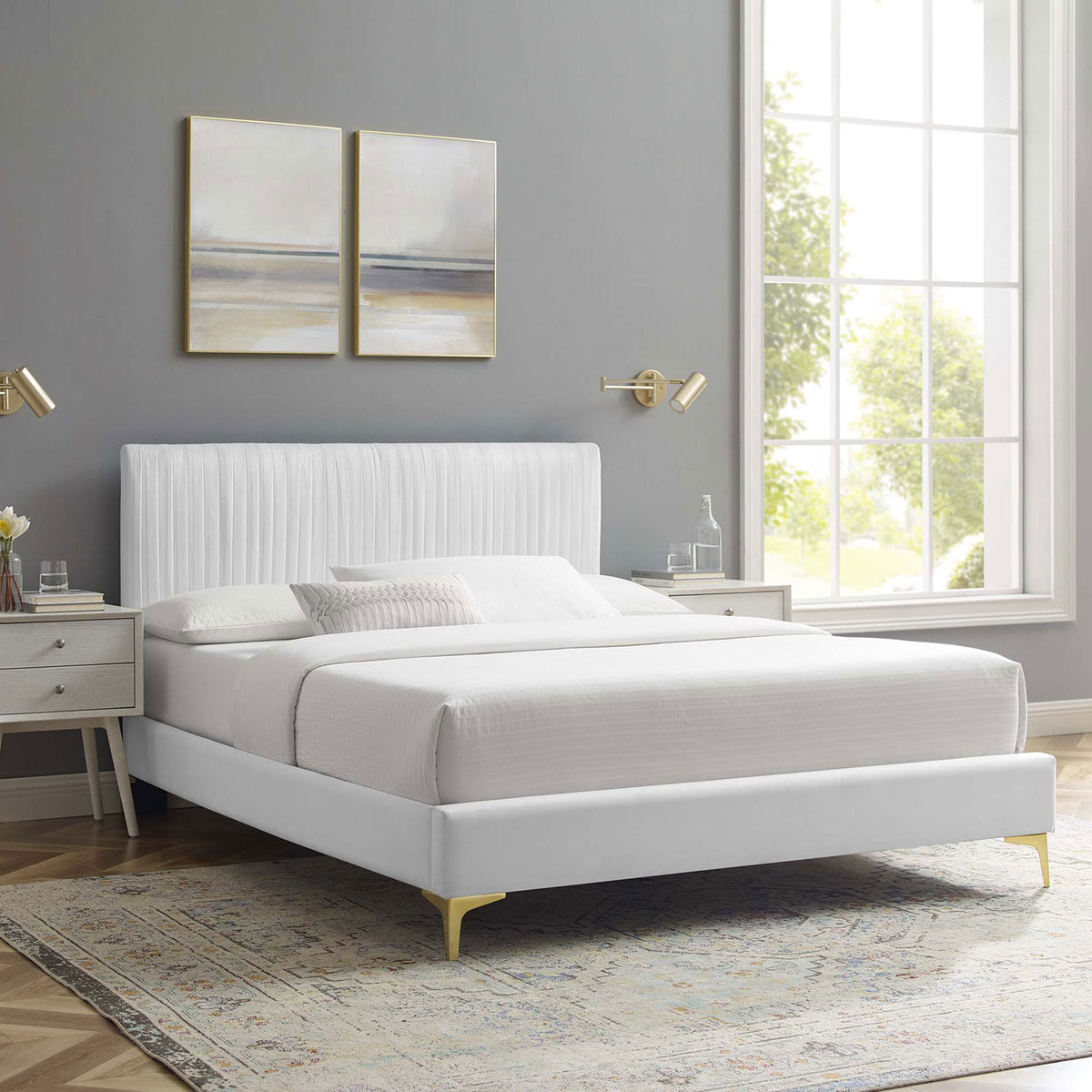 Sleek white velvet platform bed elevates any bedroom with luxe texture and gold accents. || MOD-6595-WHI || front_angle_room
