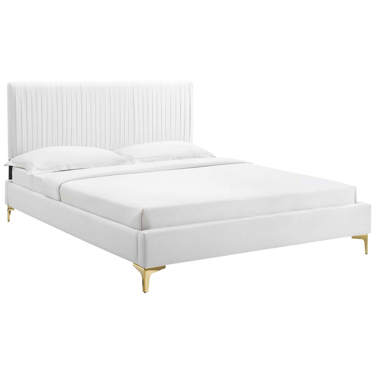 Crisp white velvet platform bed with channel-tufted headboard and gleaming gold legs. || MOD-6595-WHI || front_angle_studio