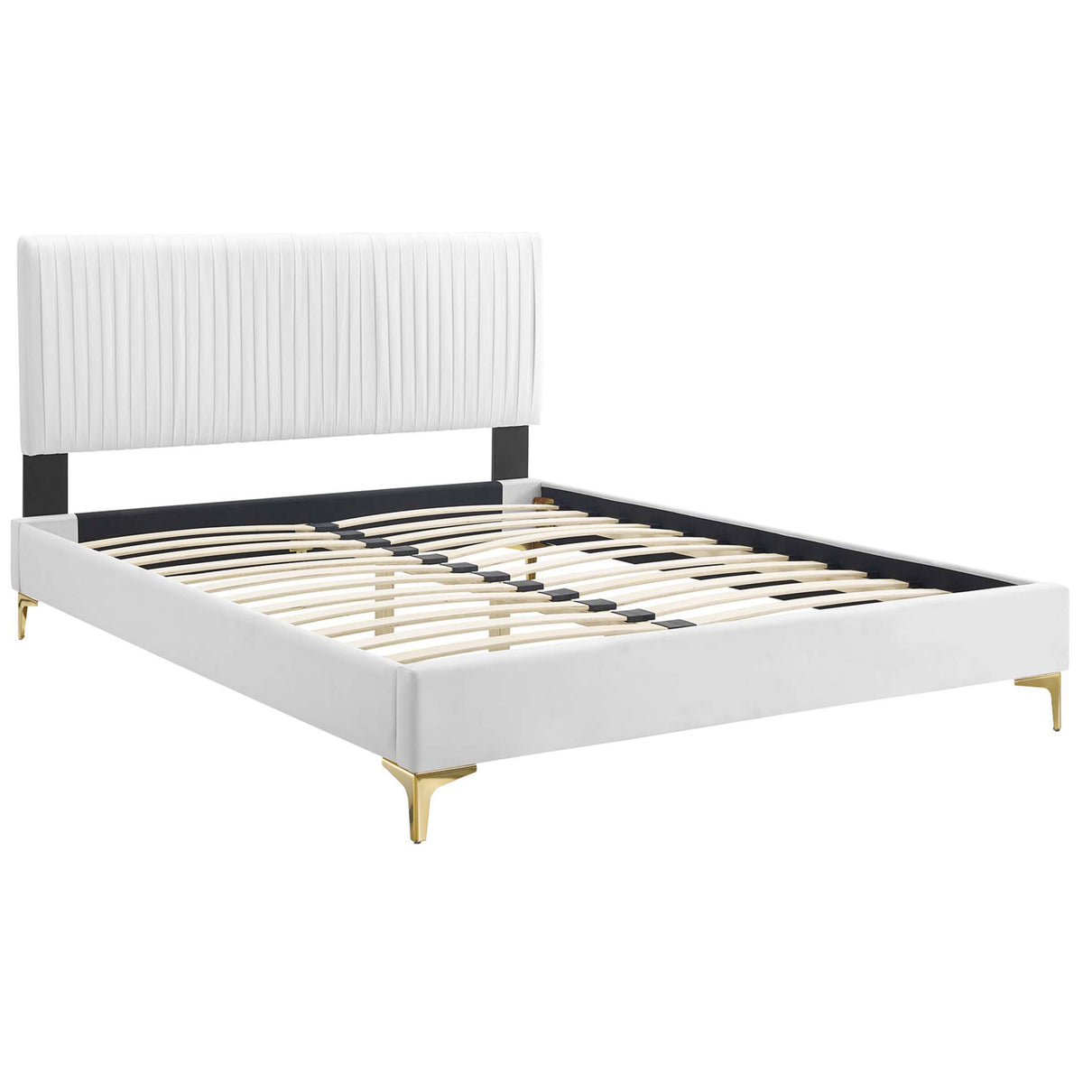 Sturdy wood slat support system anchors the velvet platform frame with gold-finished legs. || MOD-6595-WHI || front_angle_studio